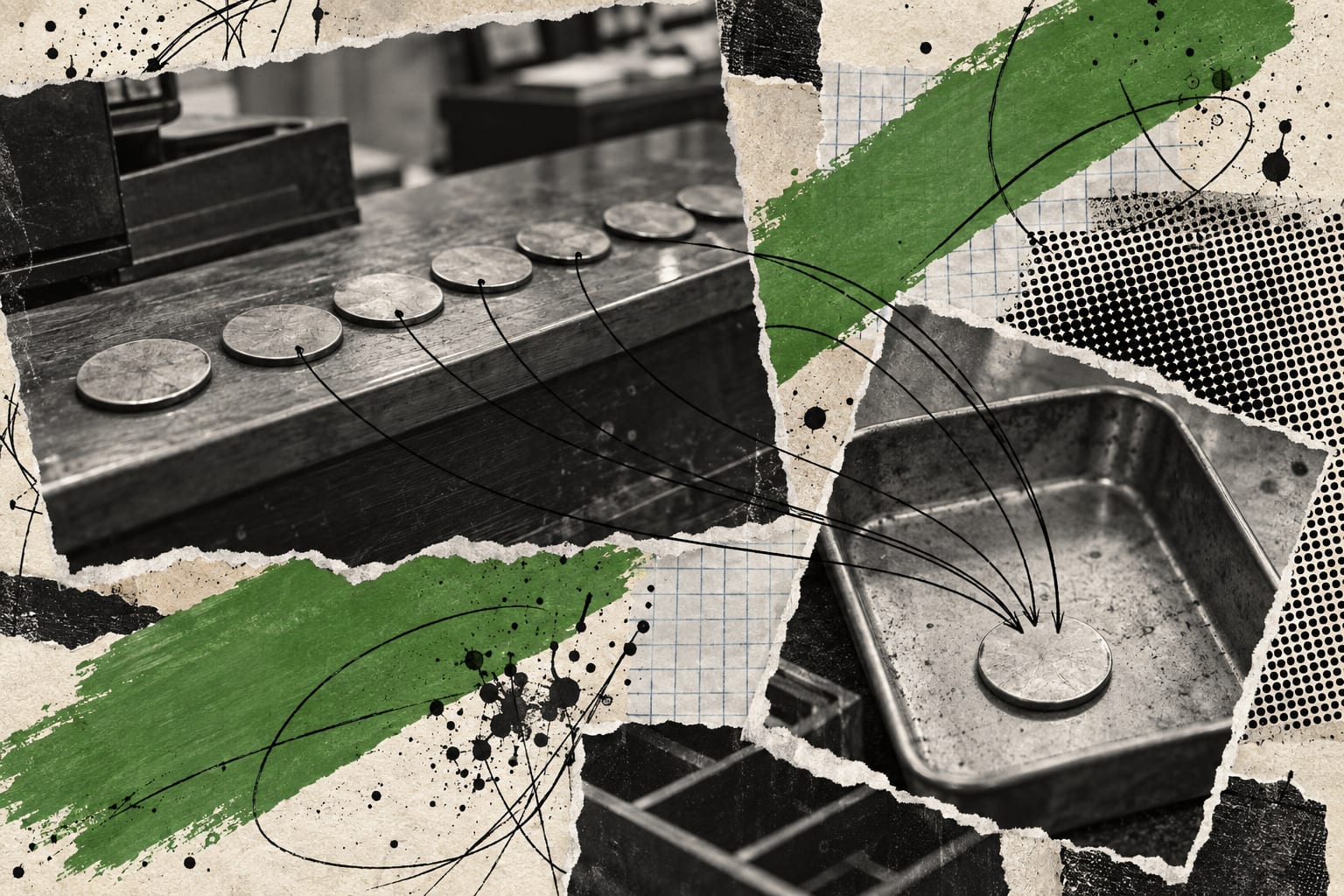 Black-and-white cut-outs of blank brass counters and a metal sorting tray are joined by ink loops and leaf-green brush strokes.