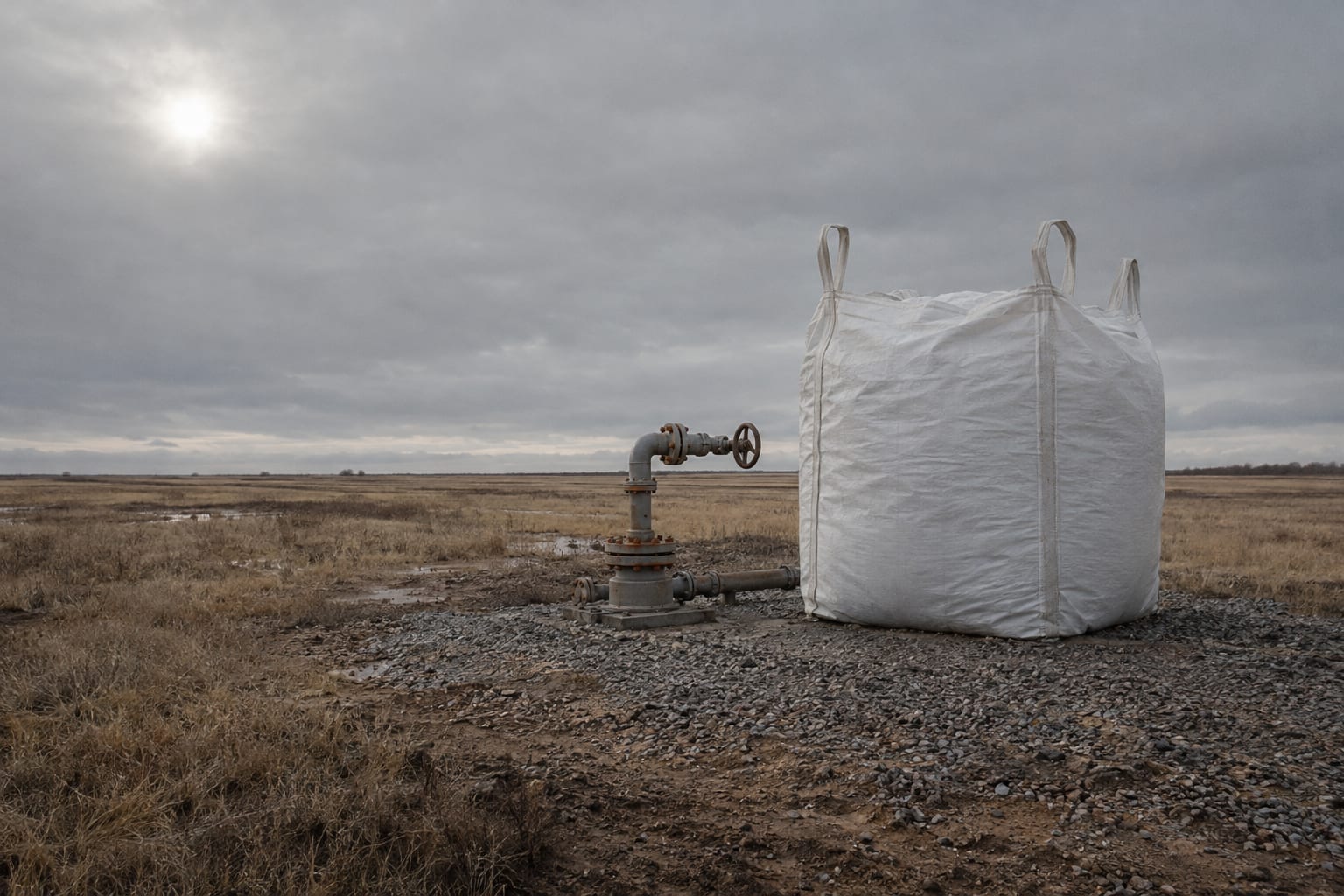 An oversized white mineral sample bag stands beside a generic prairie brine wellhead under an overcast sky.