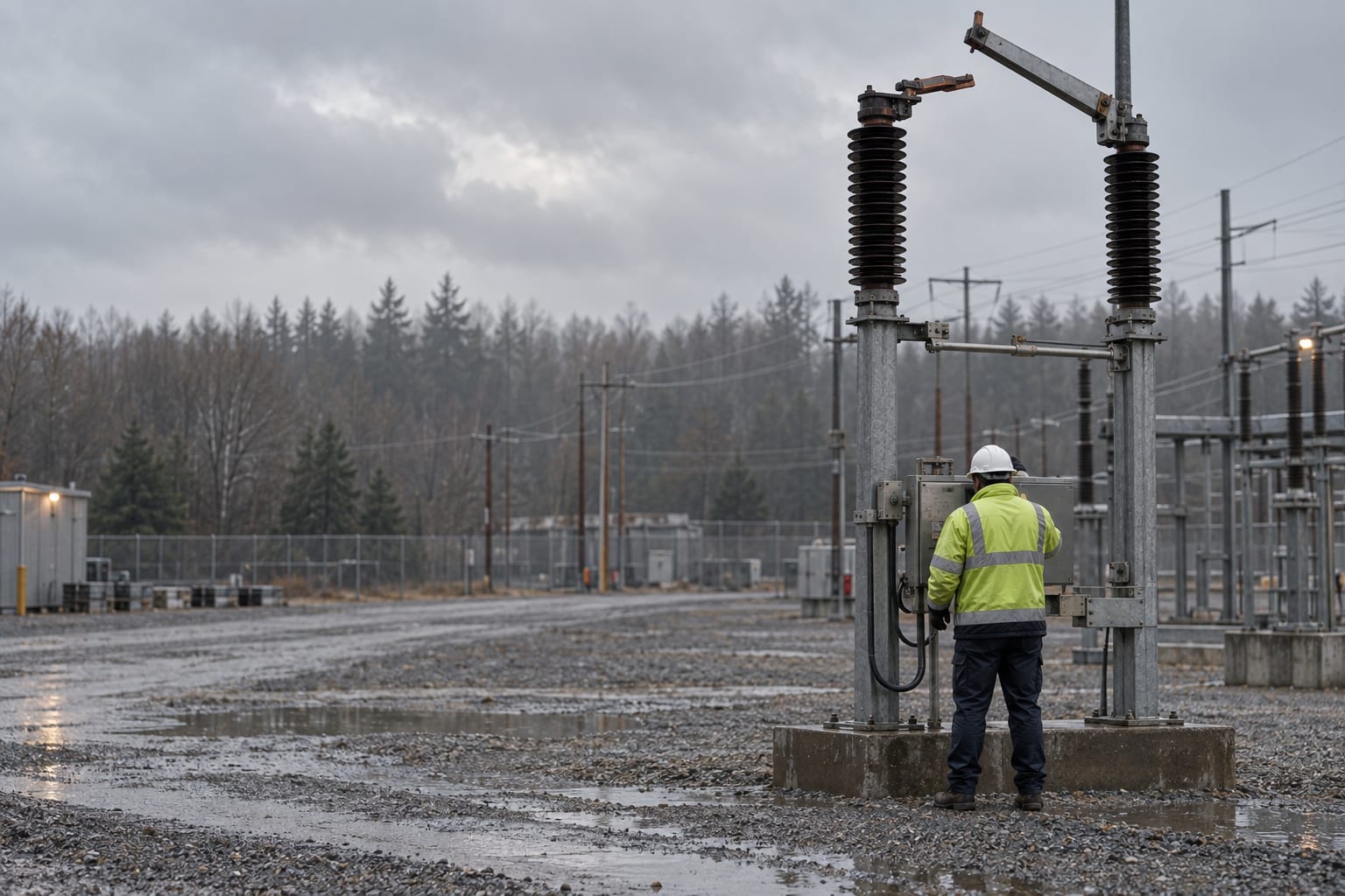 An open high voltage disconnect switch rises over a gravel lane in an anonymous switching yard.