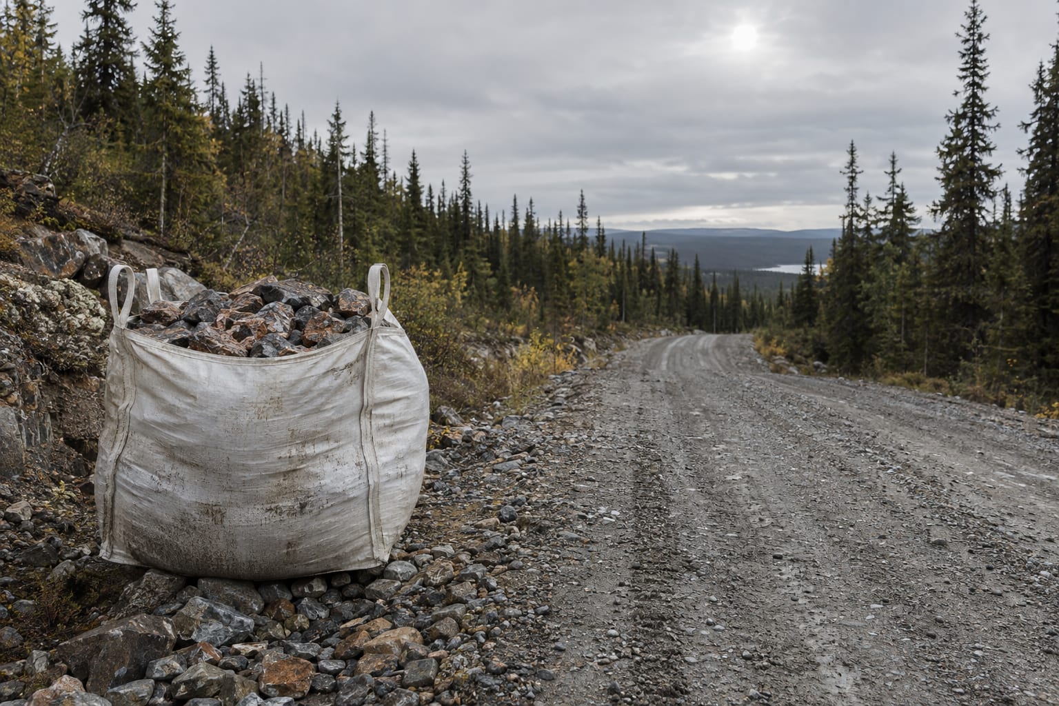 An oversized unmarked ore sample bag sits beside a gravel forest access road under overcast skies.
