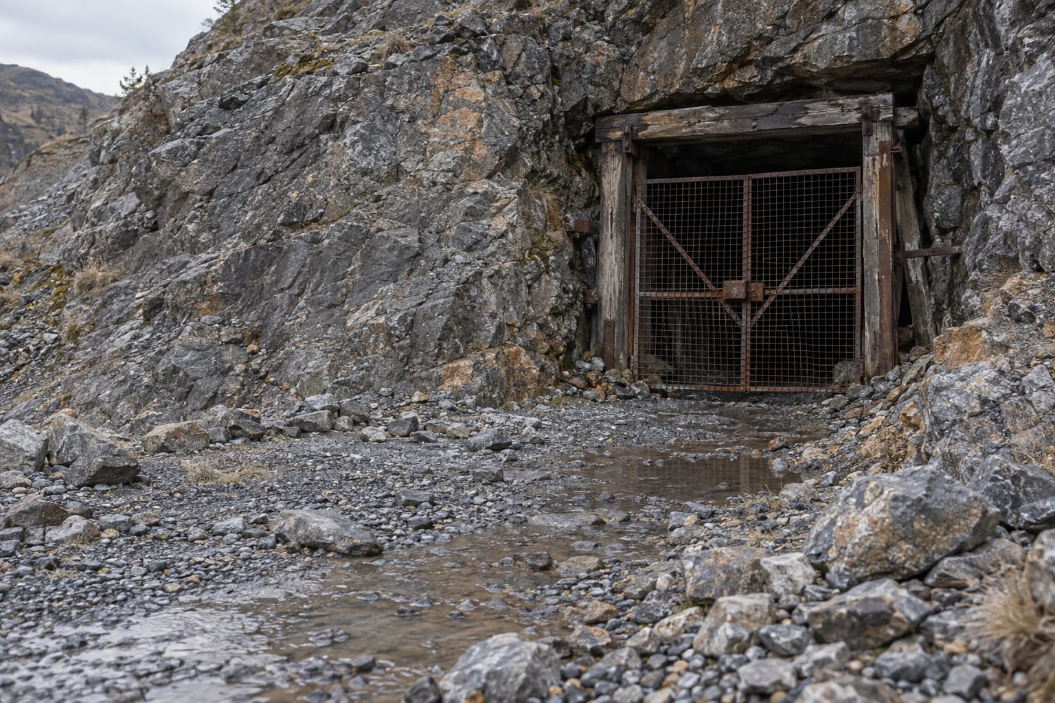 A mesh gate closes an unnamed mine portal on a wet, rocky slope.