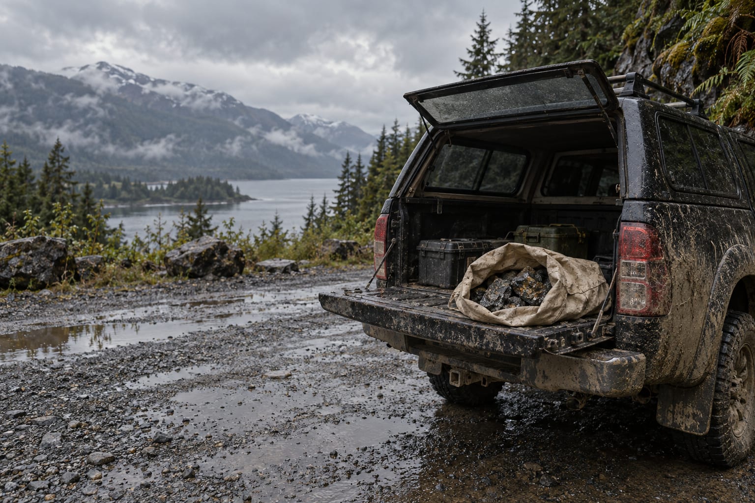 An unmarked canvas sample bag rests on a utility vehicle tailgate beside dark rock fragments at a wet roadside pullout.