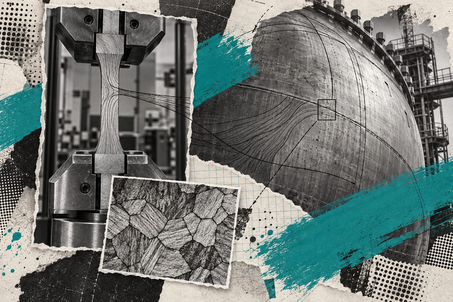 A steel test coupon sits in a mechanical testing machine in a layered editorial collage.