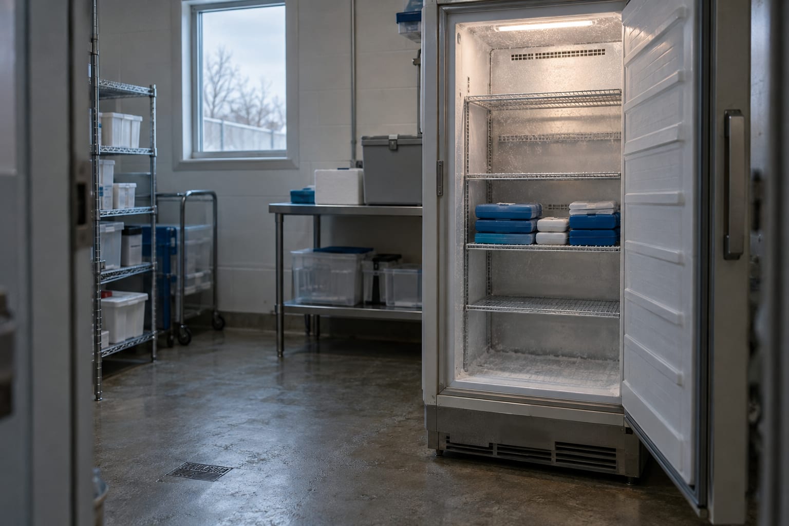 An unmarked medical freezer stands in a generic cold-chain storage room.