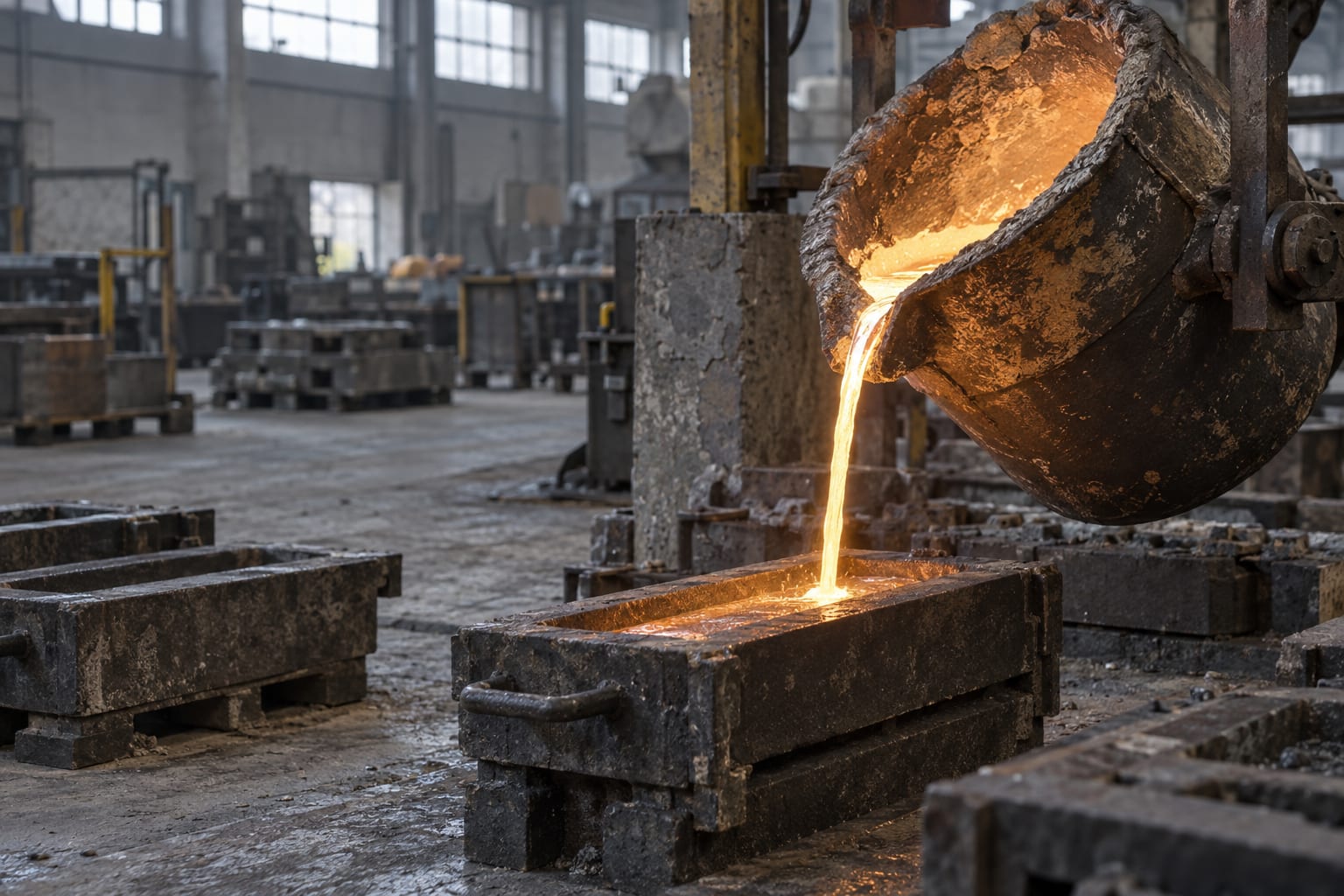 A generic gold pouring ladle empties molten metal into an ingot mould inside an industrial foundry.