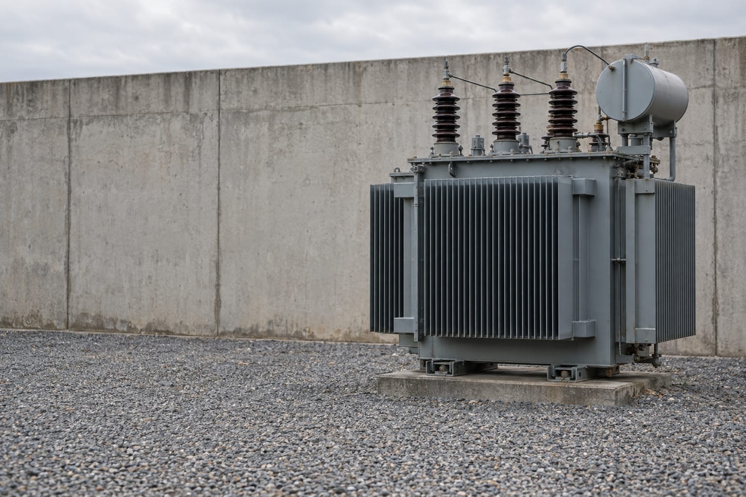 An unlabelled electrical transformer stands in a generic gravel service yard beside a plain concrete wall.