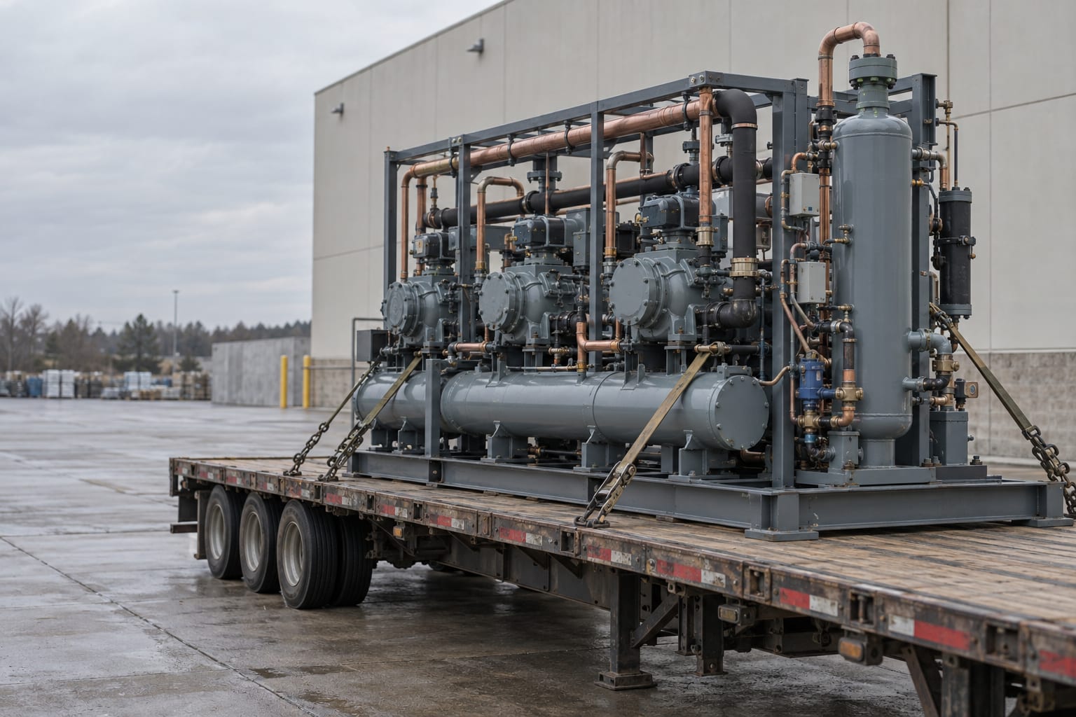 An unbranded refrigeration skid is secured on a flatbed trailer at an anonymous freight loading apron under an overcast sky.