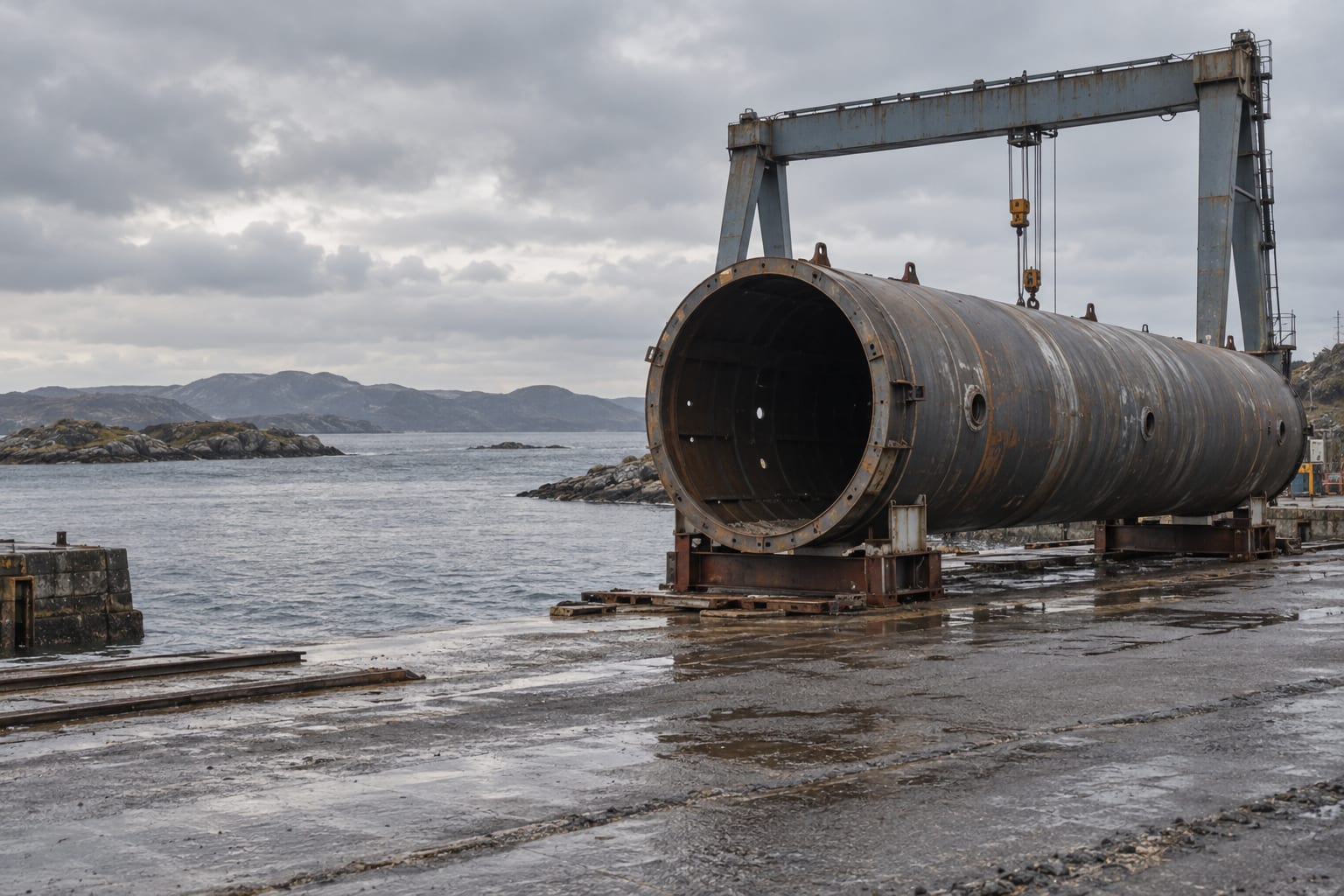 A cylindrical steel vessel section sits on supports at an anonymous coastal slipway under overcast skies.