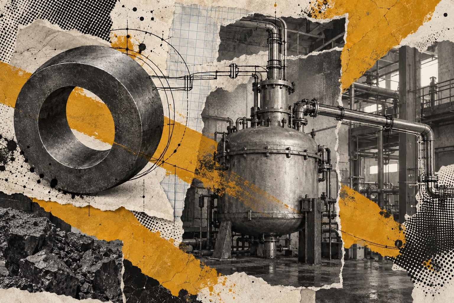 A collage pairs a ring magnet with an industrial reduction retort beneath ochre paint and black ink lines.