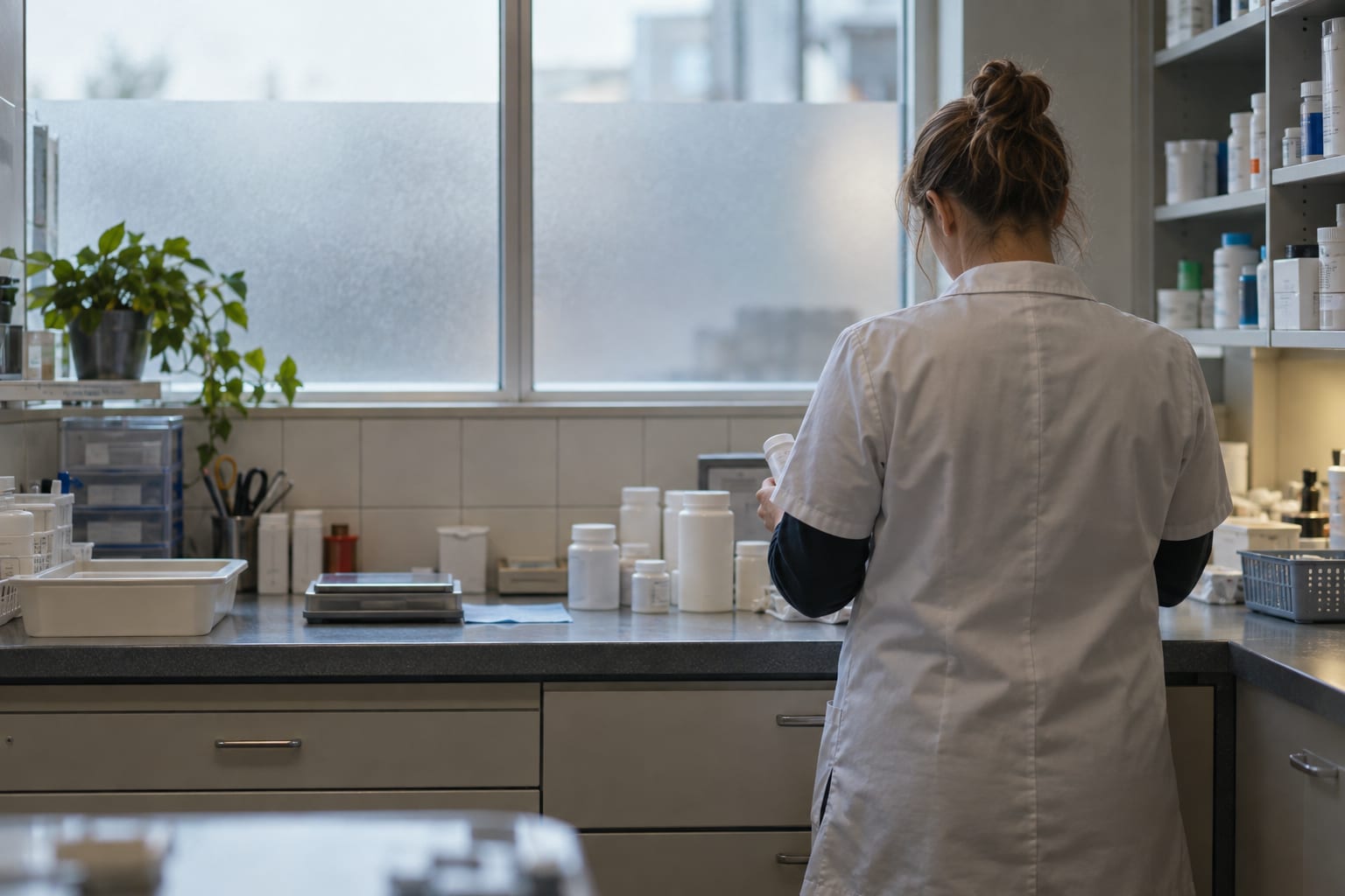 A worker seen from behind checks unmarked containers at a tiled counter.