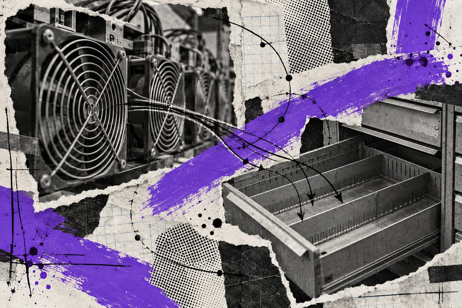 Black-and-white cut-outs of mining rig fans and an empty metal drawer are crossed by violet paint.
