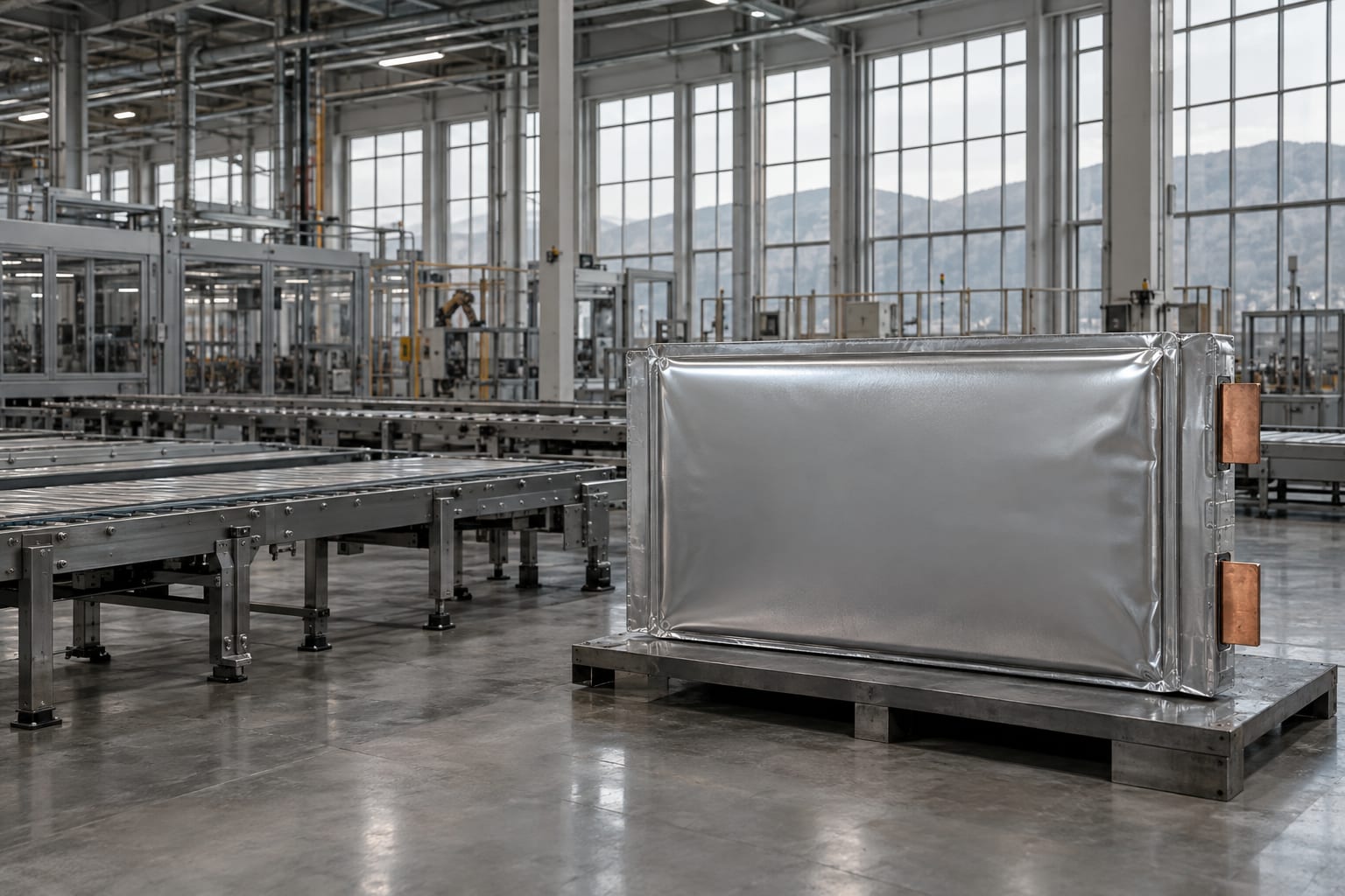 A large silver pouch cell stands beside a generic industrial battery production line under flat daylight.