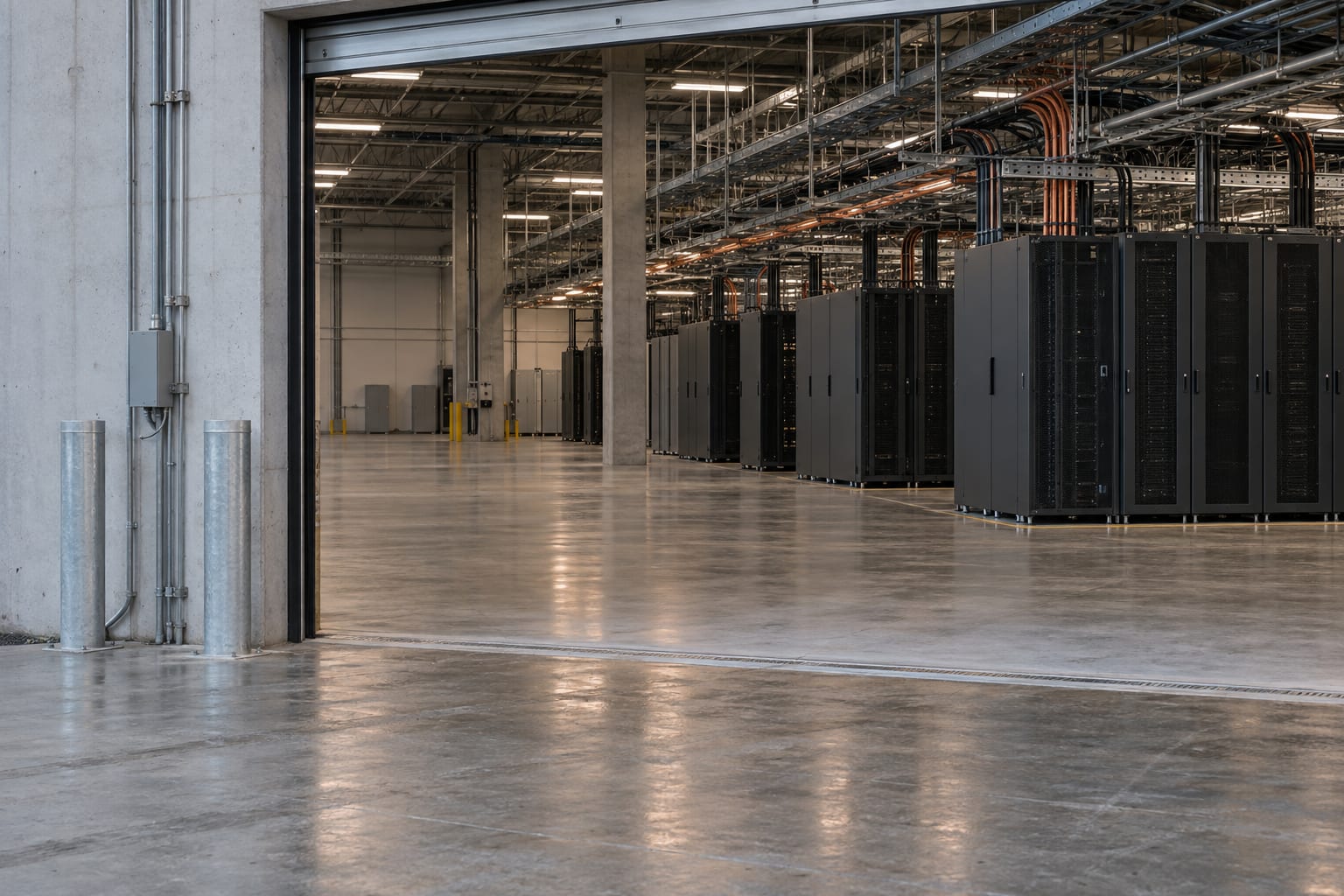 Rows of anonymous server racks stand beneath overhead cable trays in a cool-lit data hall.