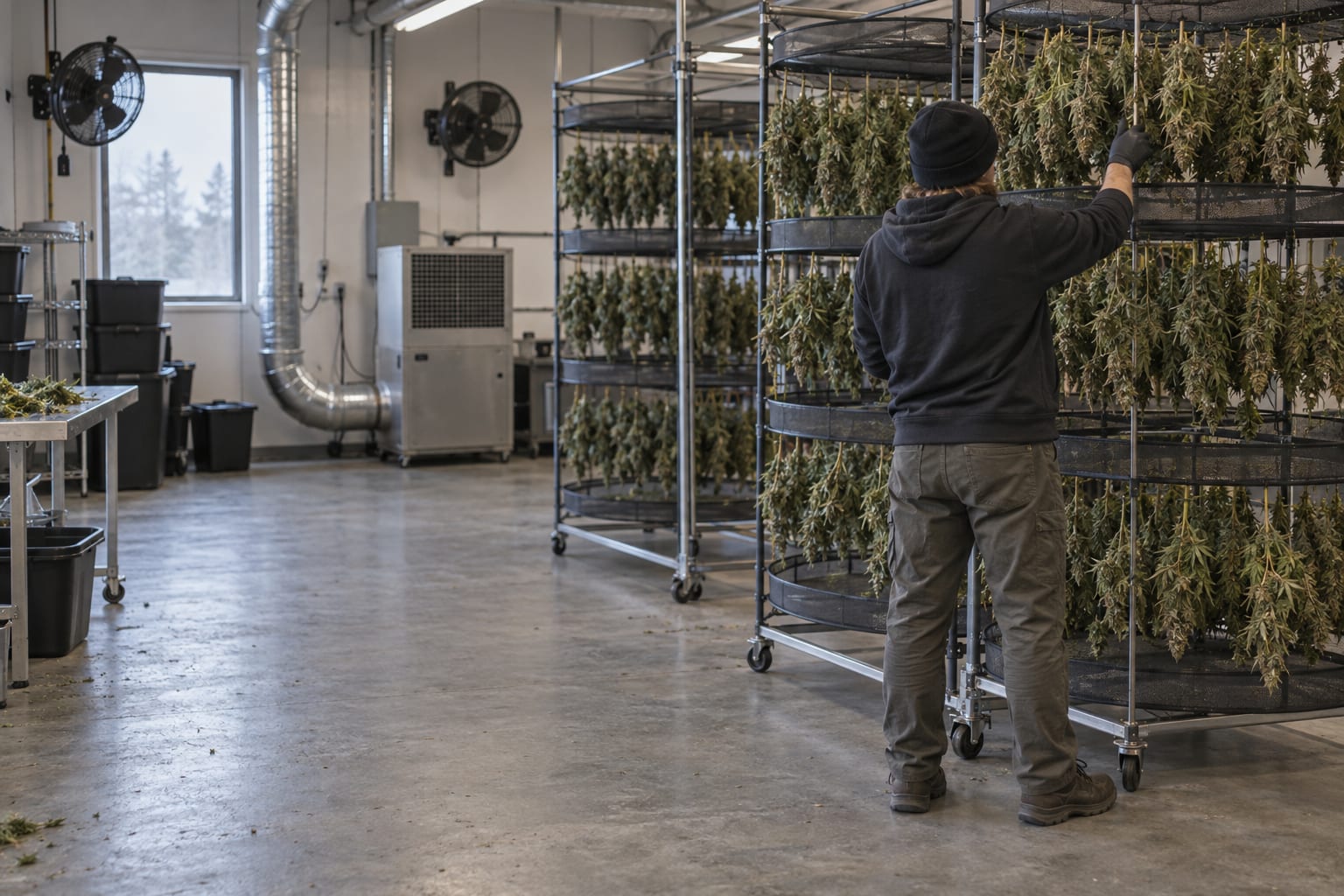 A worker seen from behind checks cannabis drying racks under neutral white lights in a generic processing room.