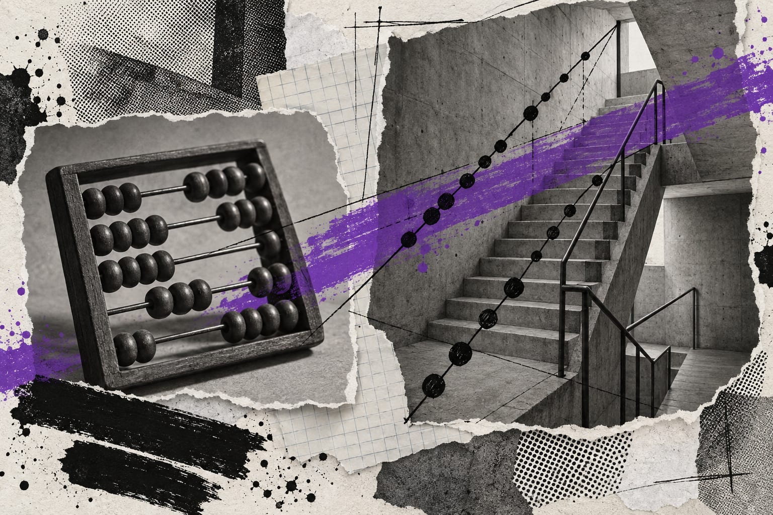 A monochrome collage joins a small abacus and an empty stairwell with black ink lines and a violet stroke.