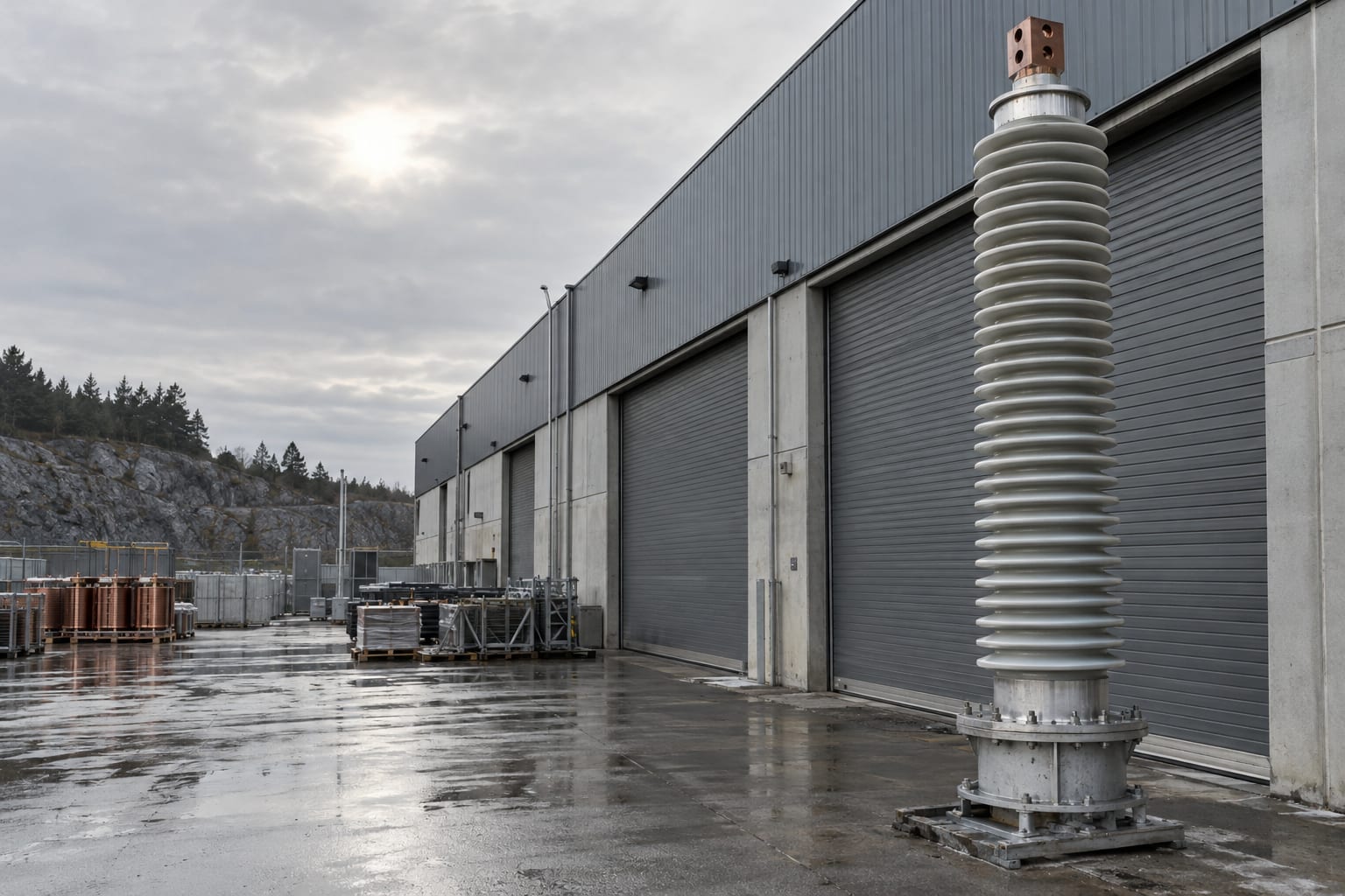 An oversized high-voltage bushing stands beside a generic electrical equipment factory loading bay.