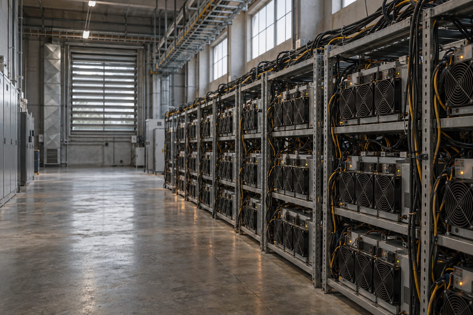 Rows of bitcoin mining rigs fill an anonymous industrial building under cool work lights.