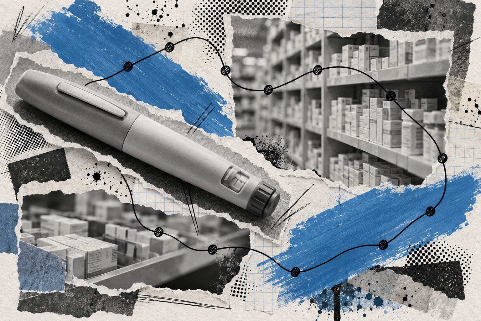 An unmarked insulin pen and a pharmacy shelf appear in a layered black-and-white collage with a cool blue brush stroke.