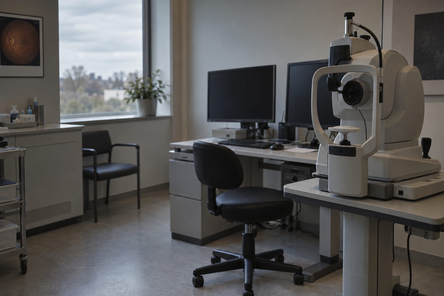 An unbranded retinal scanner stands in an empty ophthalmic imaging suite under soft overcast light.