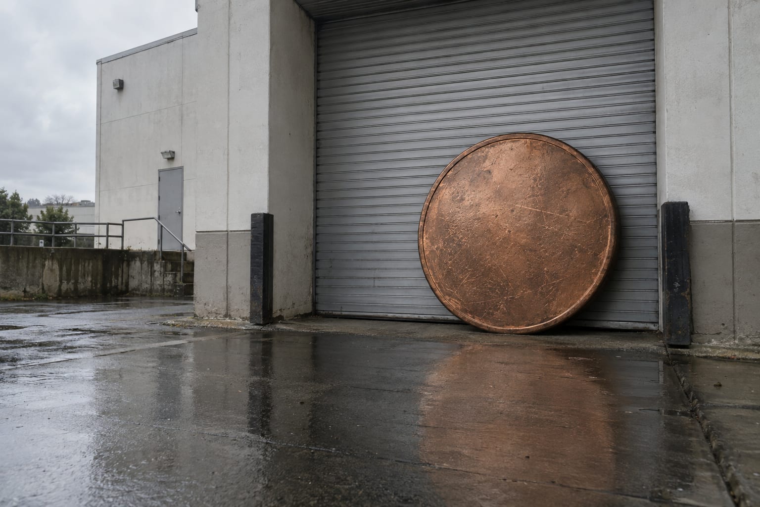 An oversized unmarked copper coin leans beside an open steel vault door in an empty corridor.