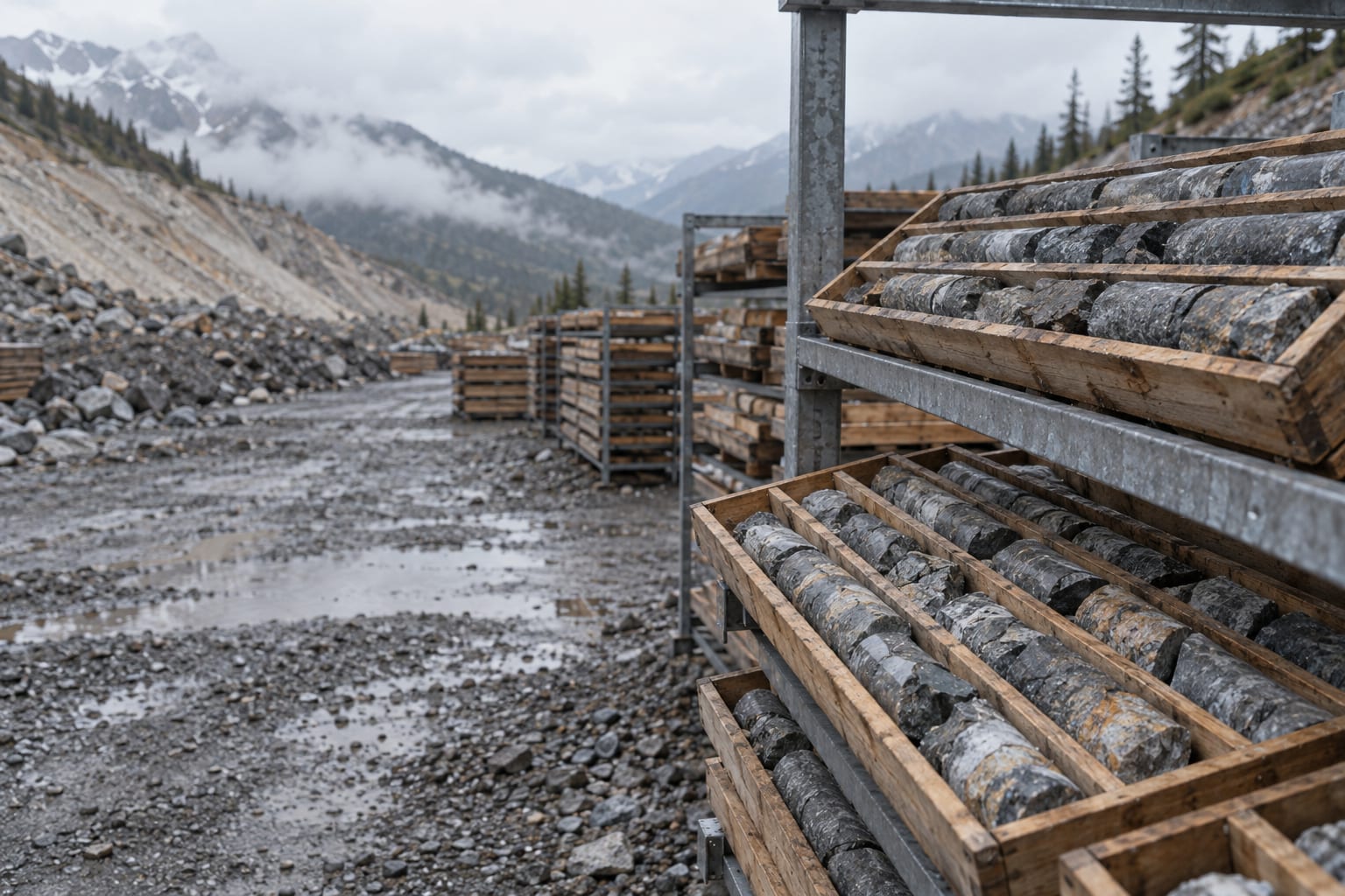 Split drill core sits in wooden trays on an outdoor rack beside a wet gravel sample yard.