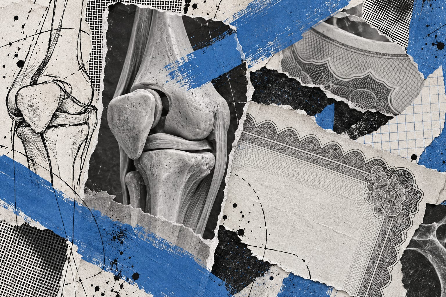 A collage combines an anatomical knee model with blank share-certificate paper and cool blue painted strokes.