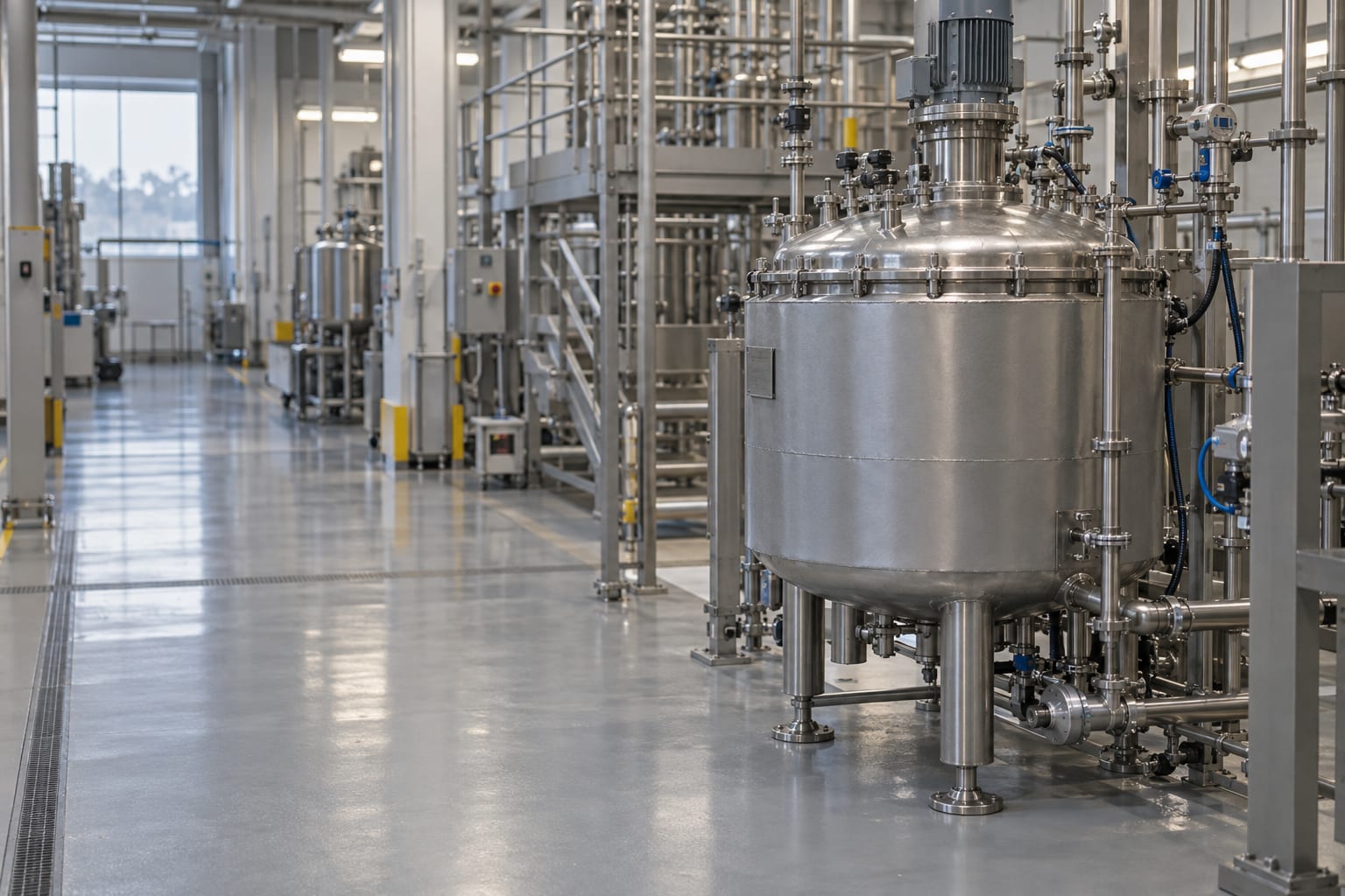 A sealed stainless-steel mixing vessel stands on a generic pharmaceutical manufacturing floor in cool natural light.