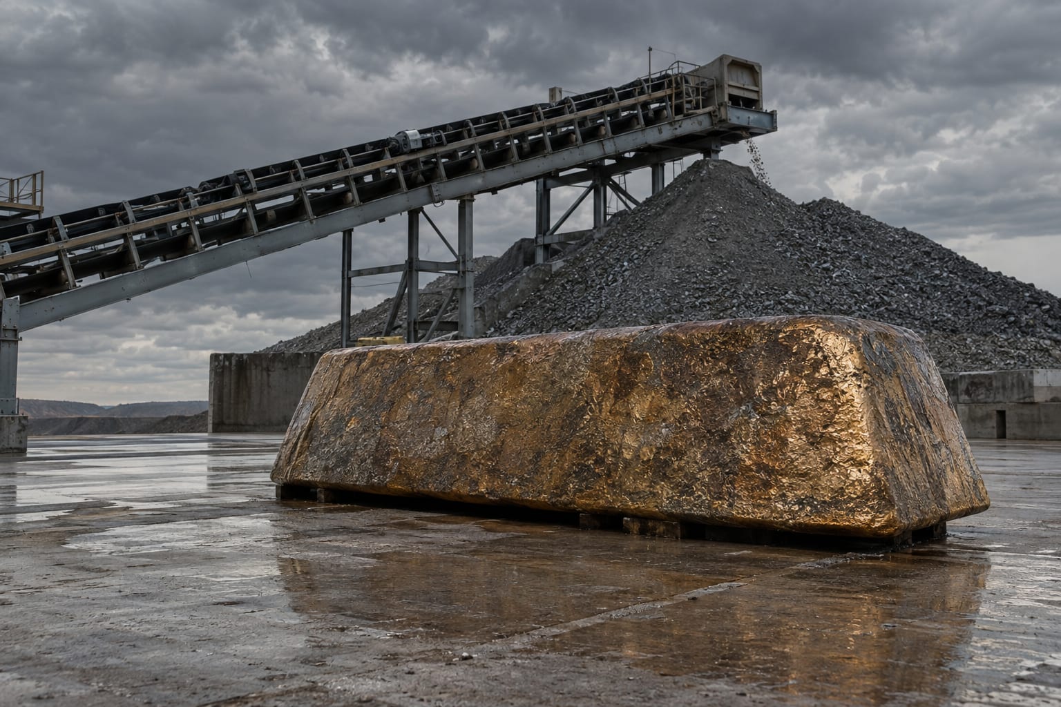 An oversized gold doré bar sits beside a conveyor at a generic processing yard under an overcast sky.