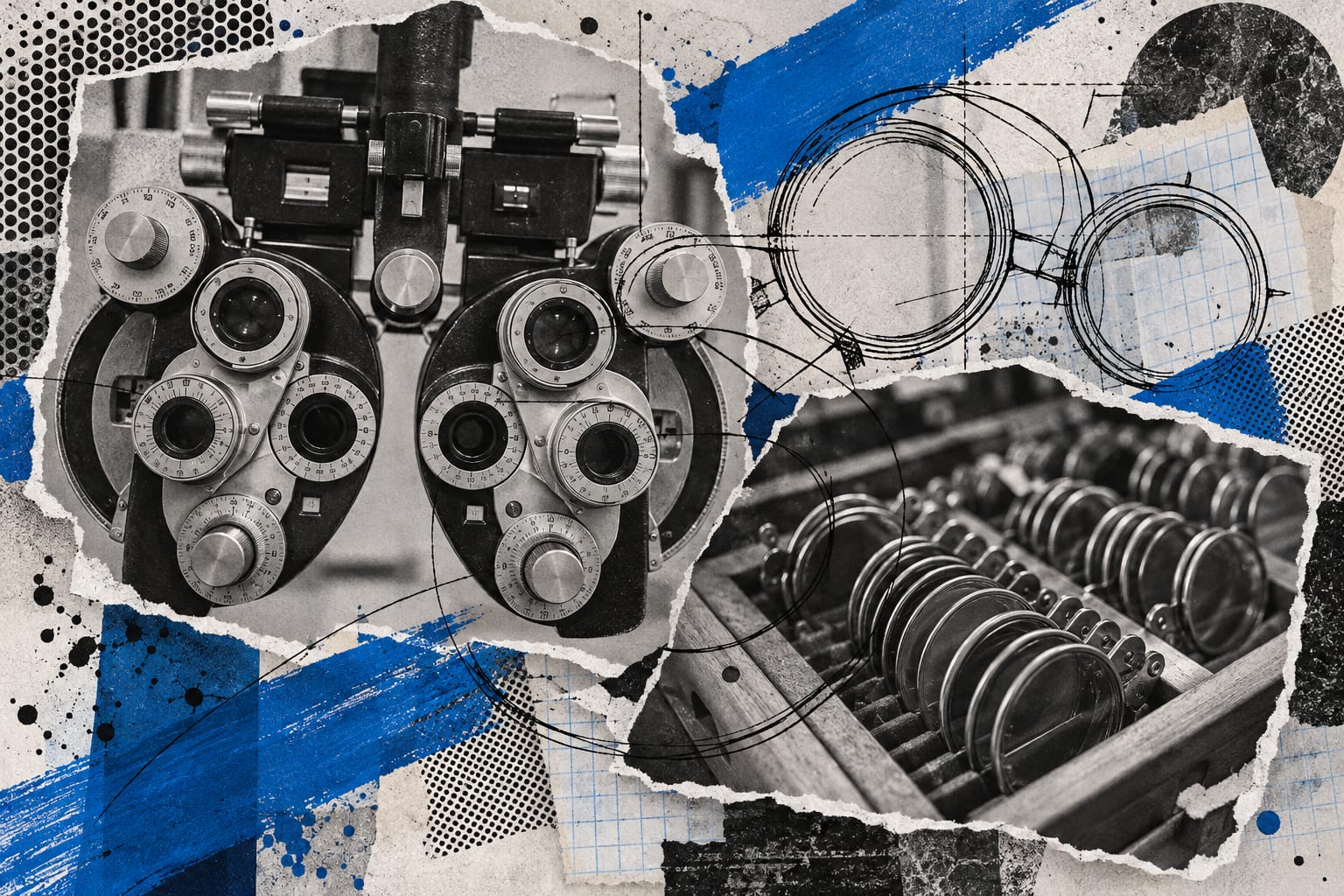 An editorial collage shows an optometry phoropter and circular trial lenses with blue painted strokes.
