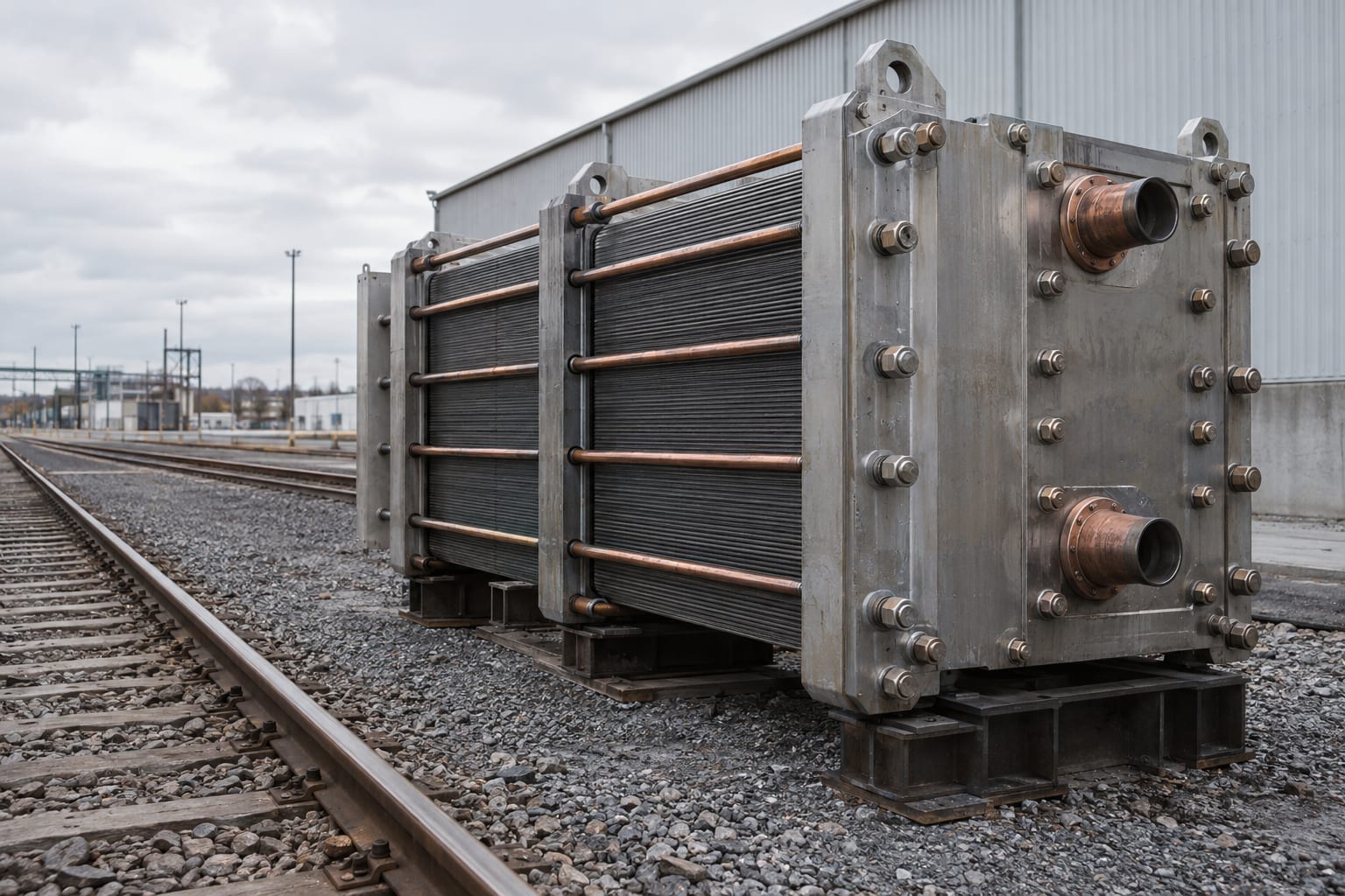 An oversized fuel-cell stack stands beside an empty rail freight siding under an overcast sky.