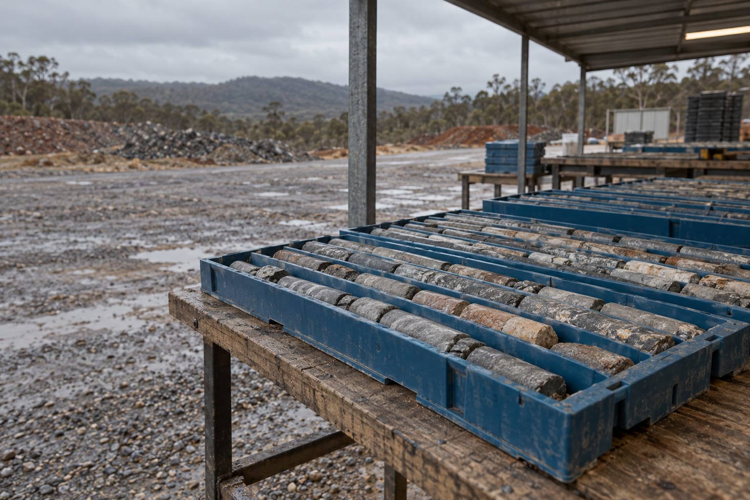 Short grey and tan drill core cylinders sit in open blue trays under a corrugated shelter.