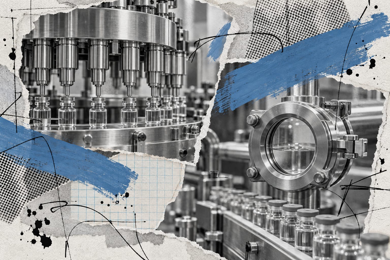 A layered editorial collage shows anonymous pharmaceutical filling equipment and cool blue painted strokes.