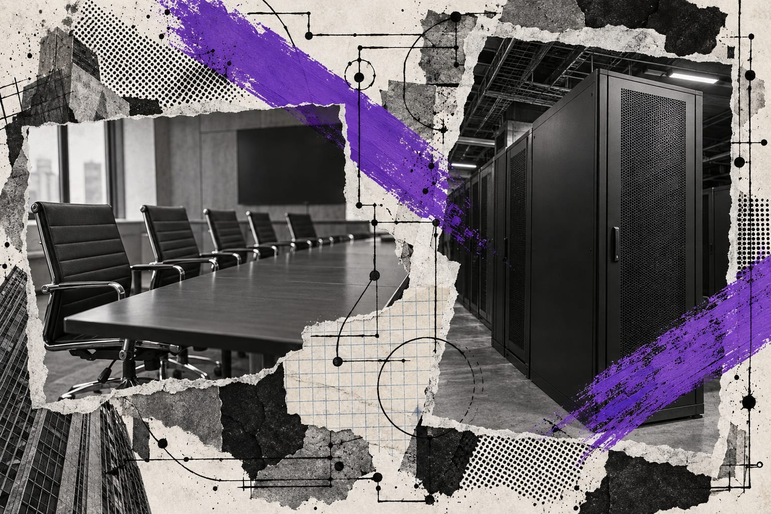 Two black-and-white cut-outs of empty conference chairs and an unmarked server cabinet overlap under violet brush strokes.