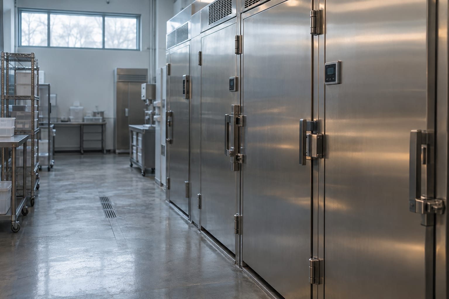 Stainless-steel freezer doors line an anonymous laboratory cold-storage room.
