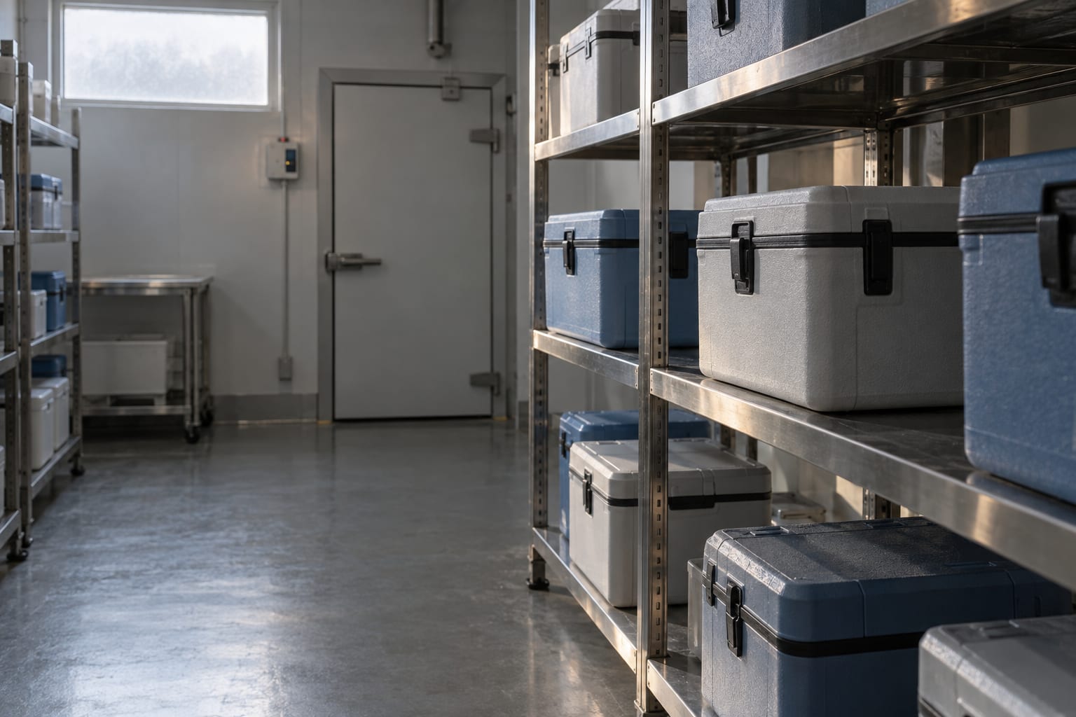 Insulated medicine shipping containers sit on stainless shelving in a generic cold-chain room.