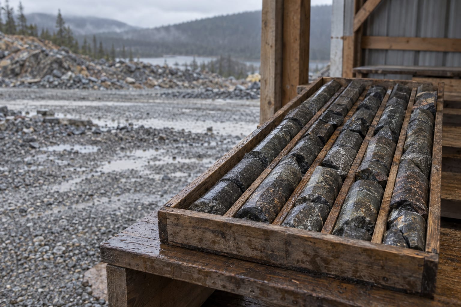 A tray of dark sulphide drill core sits beneath an open logging shelter in overcast light.