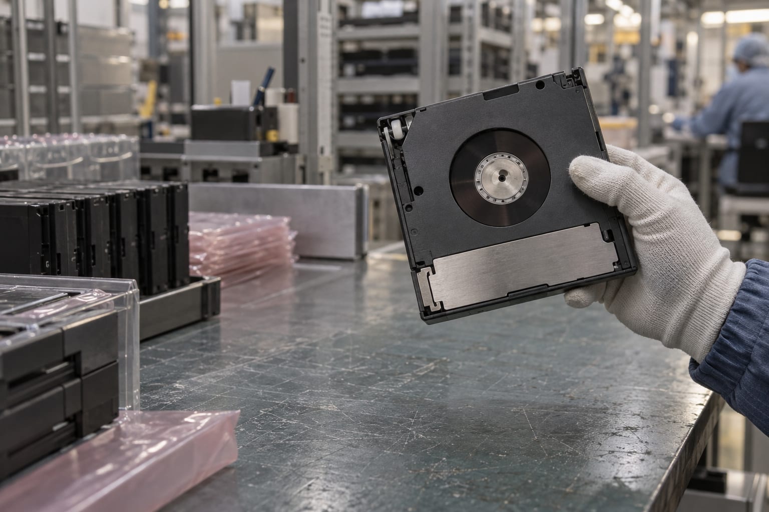 A gloved hand holds an unbranded magnetic-tape cartridge above an industrial packing bench.