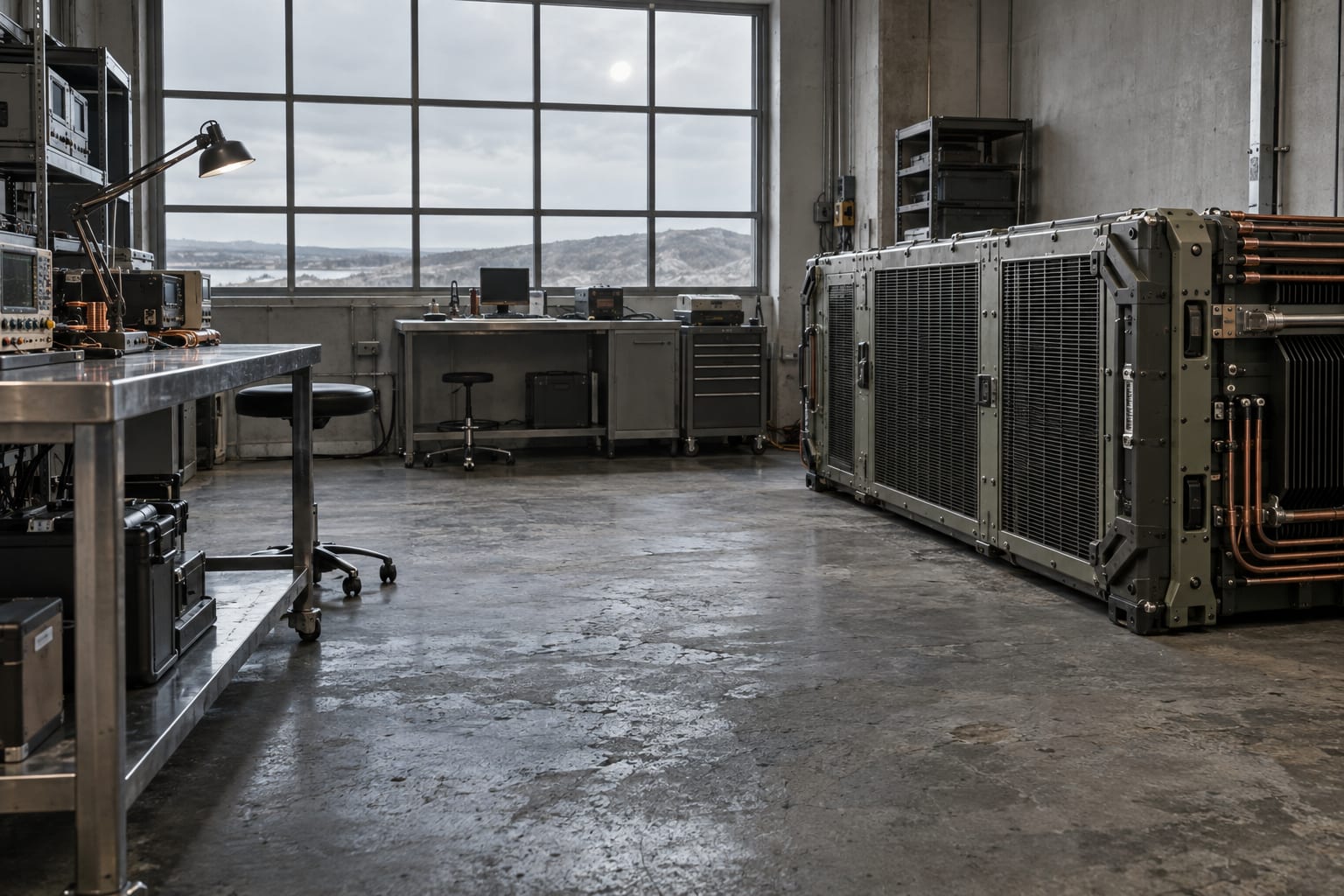 An oversized unmarked network gateway stands in a generic communications equipment testing workshop.