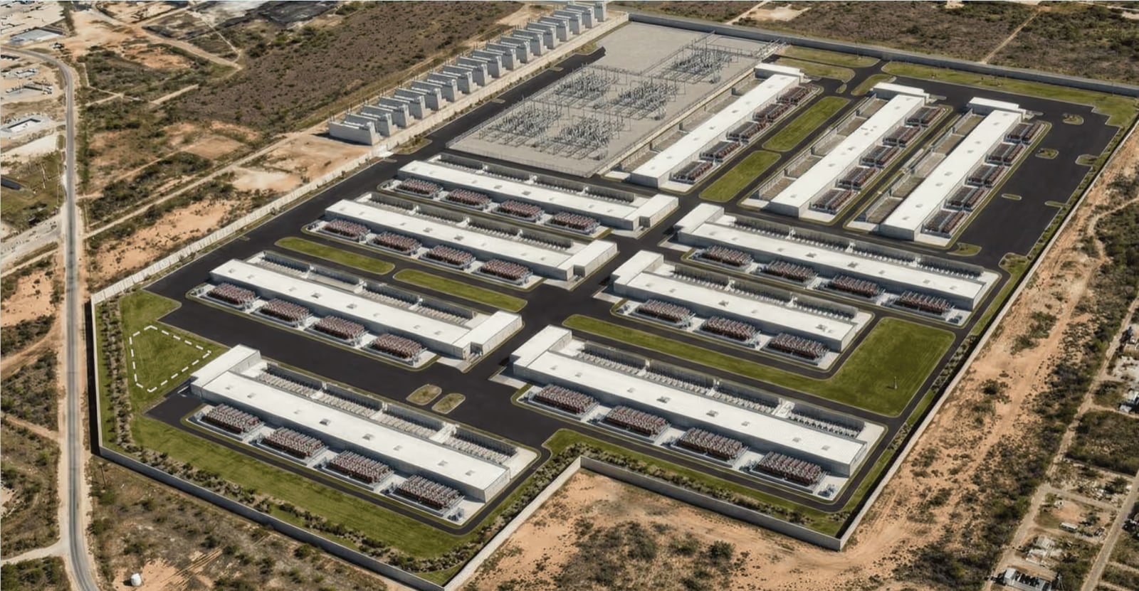 Aerial rendering of the Texas Critical Data Center campus: rows of white modular data halls and a substation on flat West Texas scrubland.