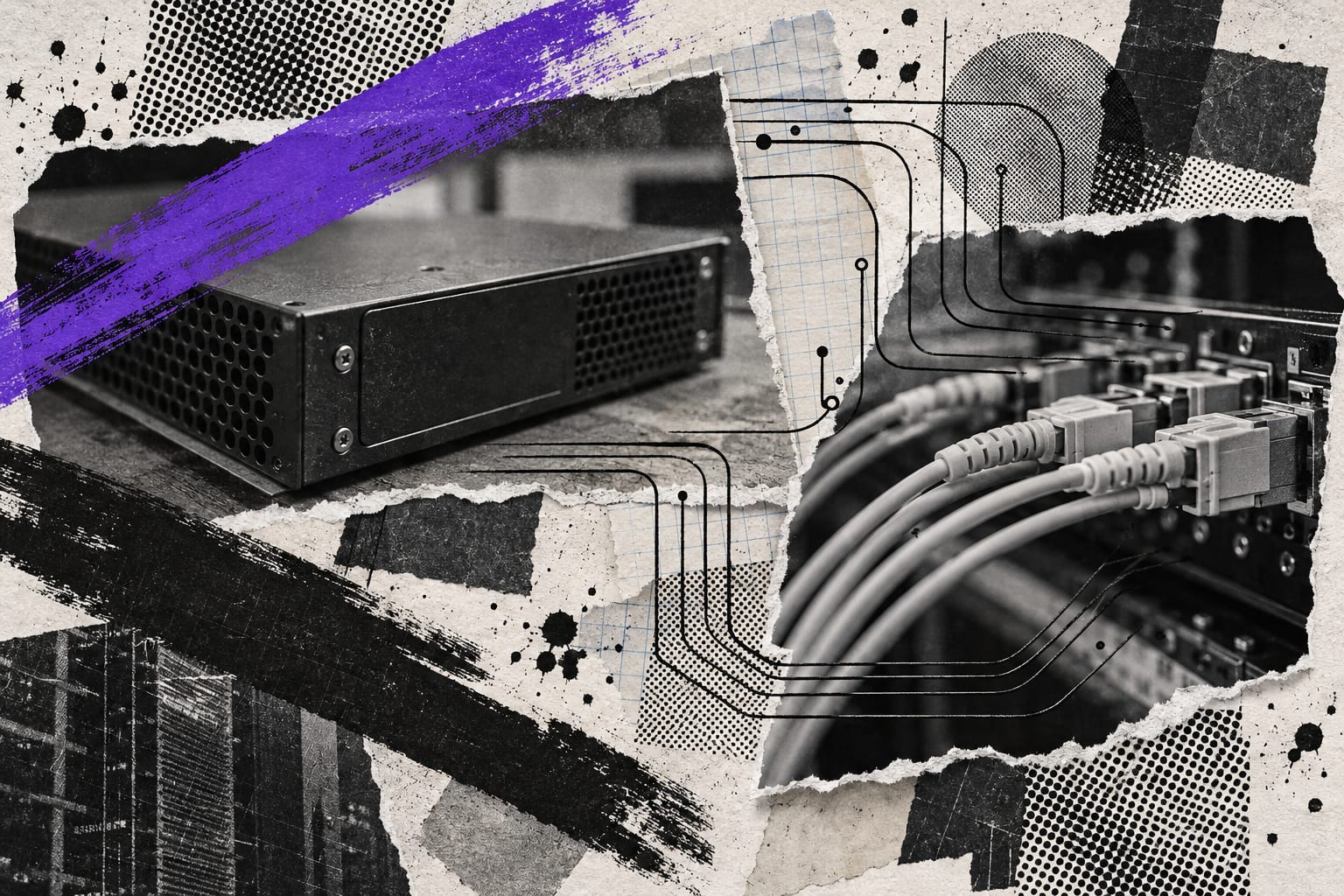 A collage of black-and-white security hardware and fibre connectors joined by ink lines and a violet stroke on off-white paper.