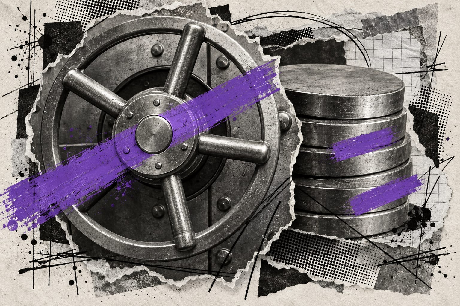 A layered monochrome collage shows a vault locking wheel, blank metal tokens and violet ink strokes.