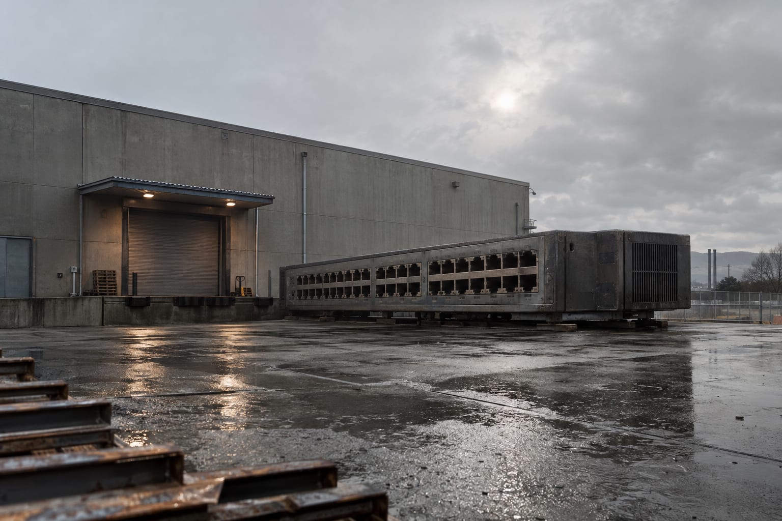 An oversized unbranded network switch rests beside a loading bay in a concrete industrial service yard.