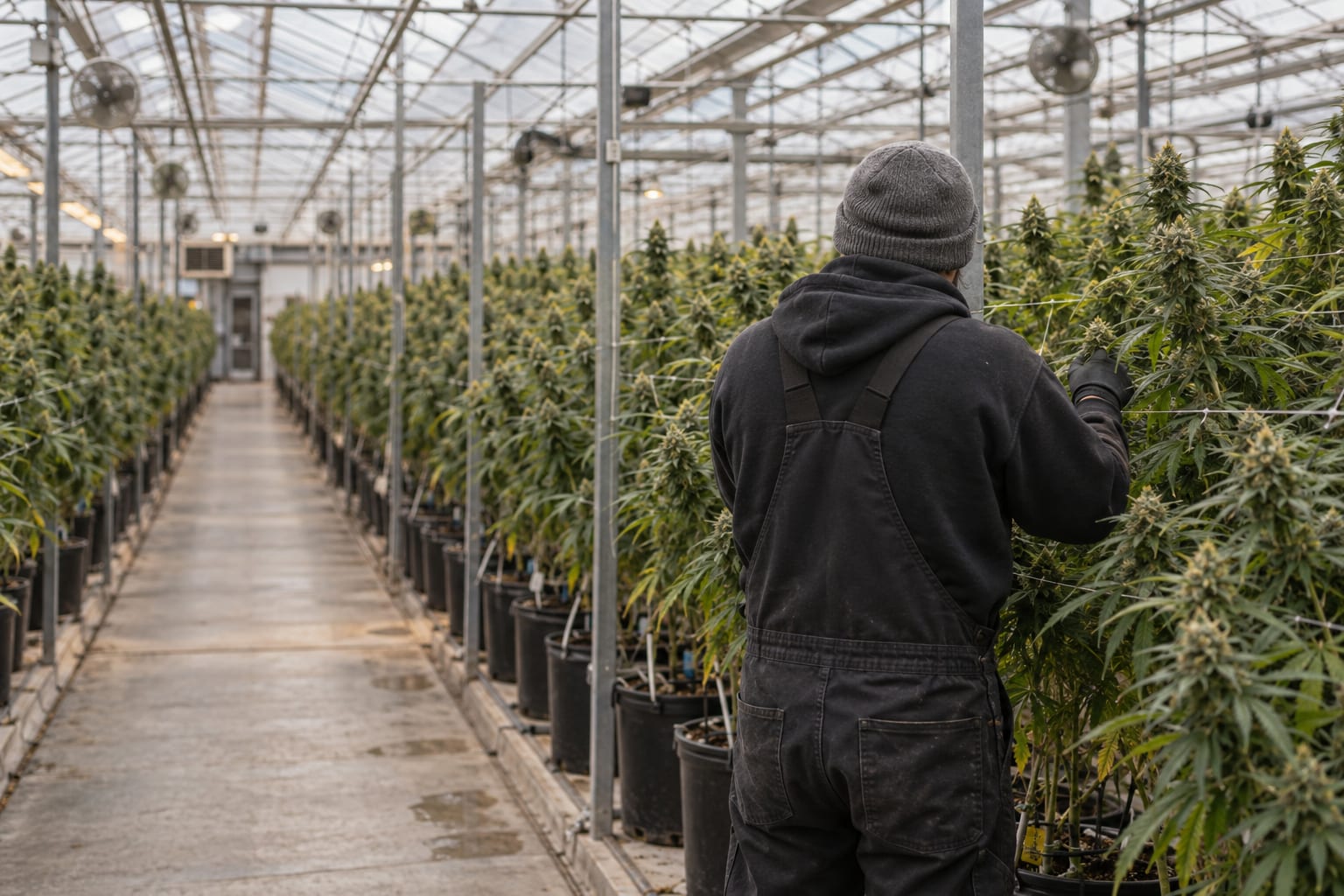 A worker seen from behind checks cannabis plants in an anonymous greenhouse aisle.