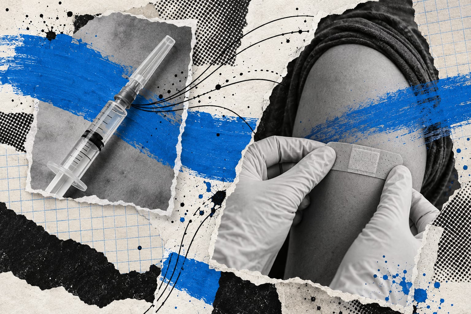 A capped syringe and a bandaged arm appear in a layered editorial collage.