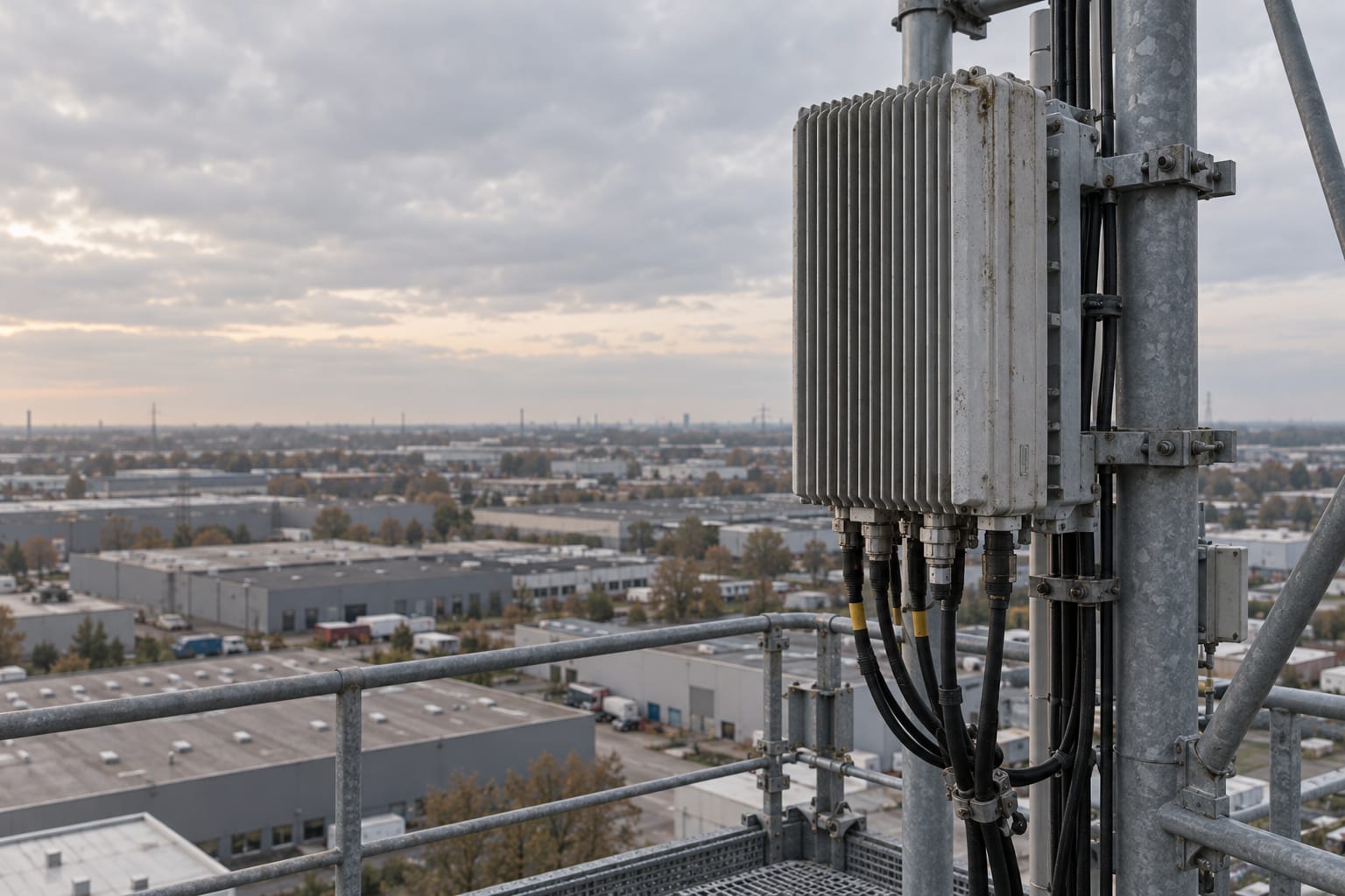 An outdoor cellular radio enclosure is mounted on an anonymous telecommunications mast beneath an overcast sky.