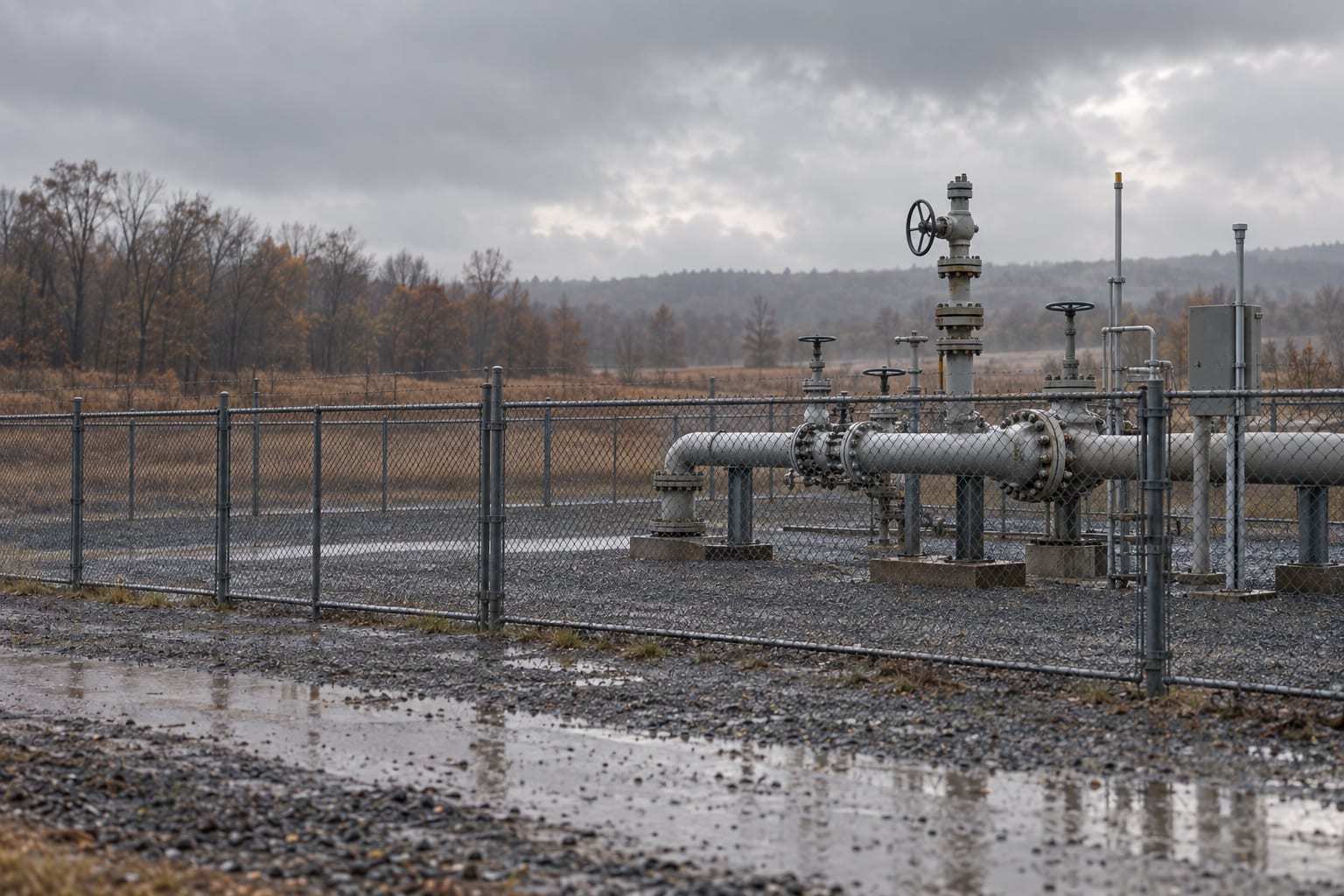 A steel natural gas valve assembly stands beside a wet gravel service track beneath an overcast sky.