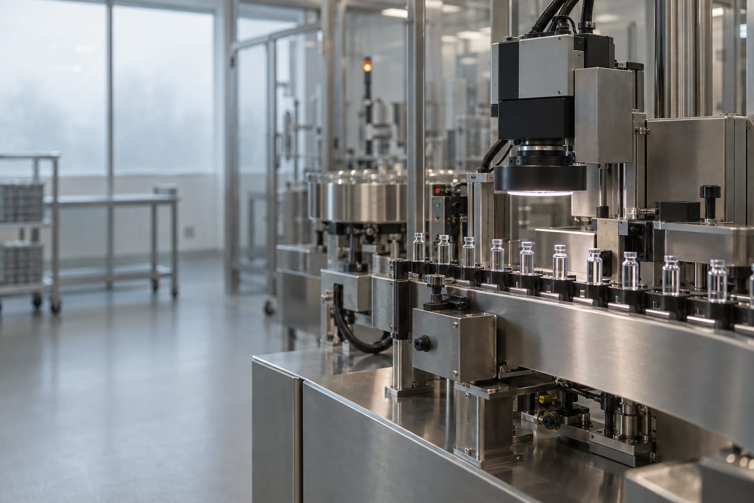 An anonymous vaccine production line carries unlabelled glass cartridges through a stainless steel inspection station.