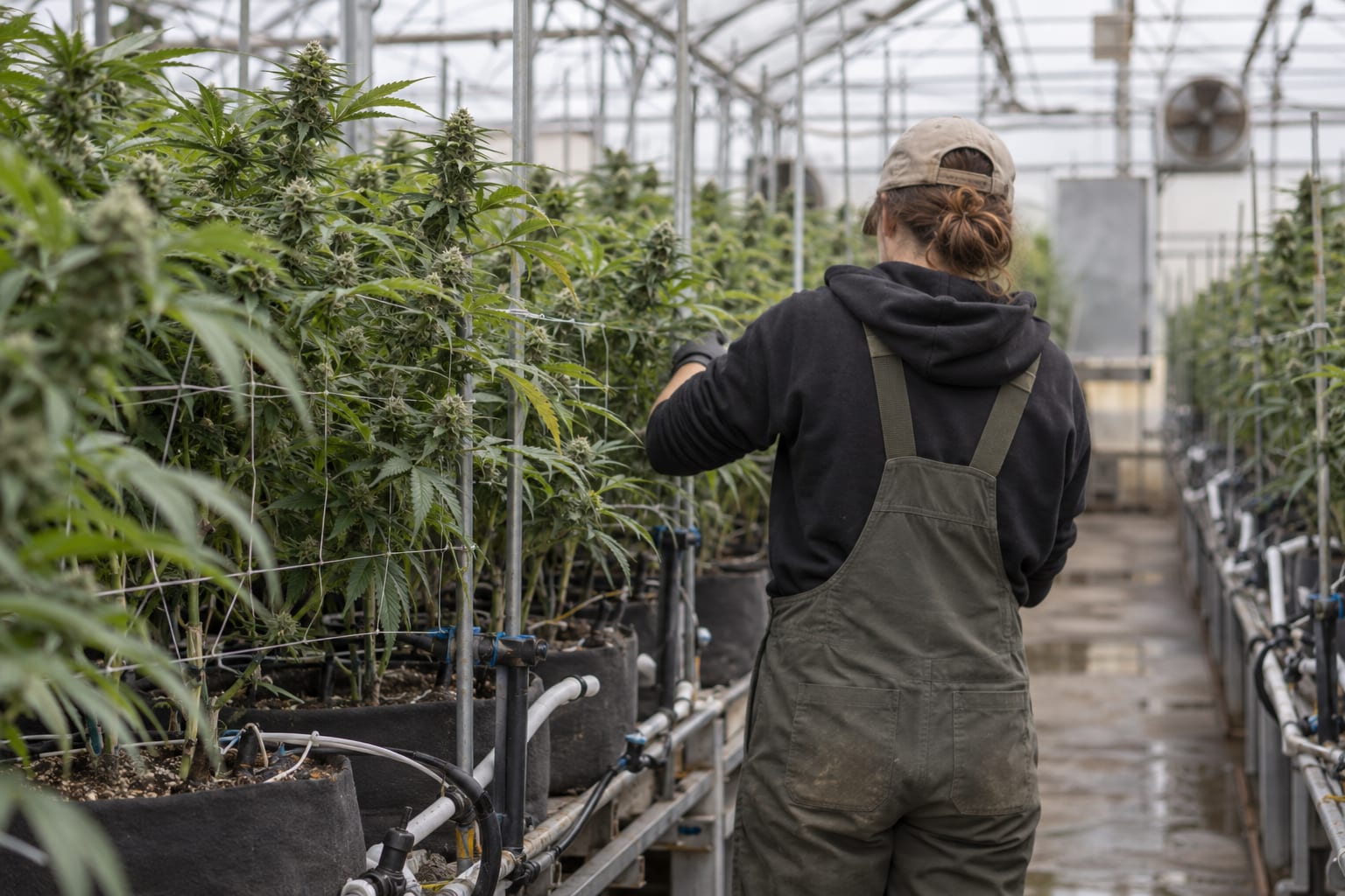 A worker seen from behind tends cannabis plants in an anonymous cultivation aisle.