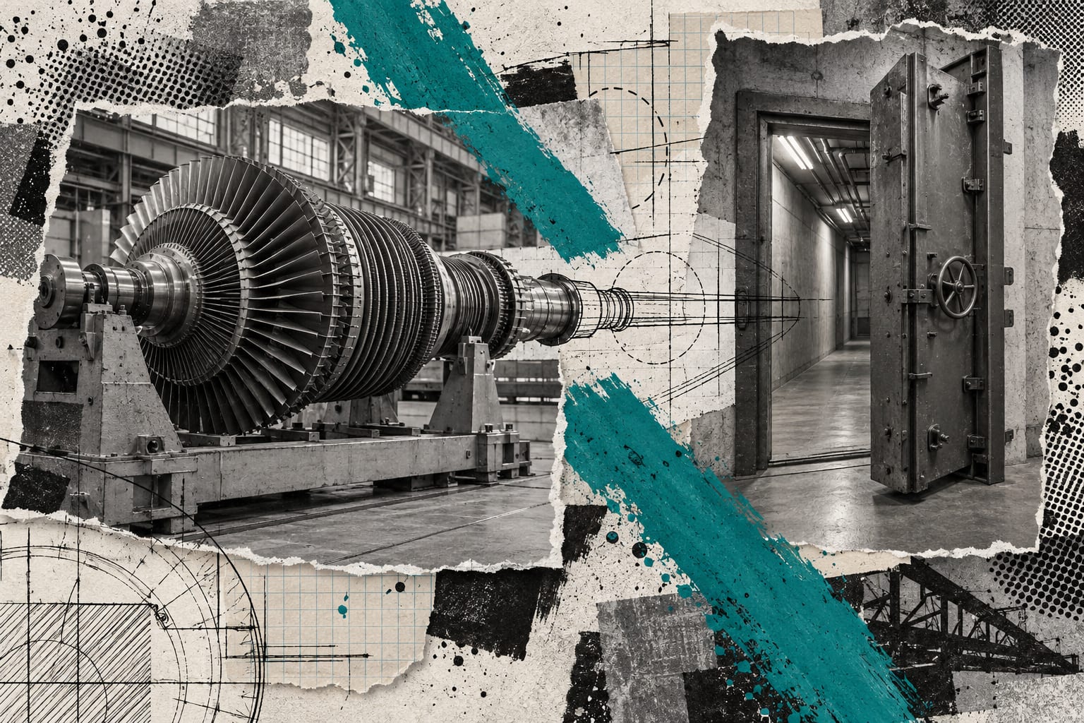 A black and white turbine rotor and shielded door sit beneath teal brush strokes in a paper collage.
