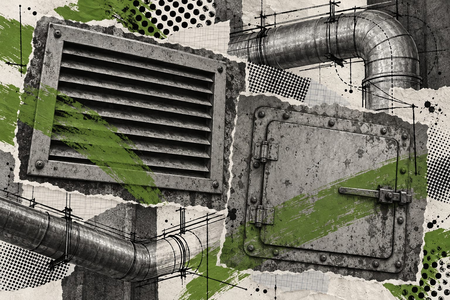 A mixed-media collage shows an industrial ventilation grille and a sealed access hatch crossed by leaf-green brush strokes.